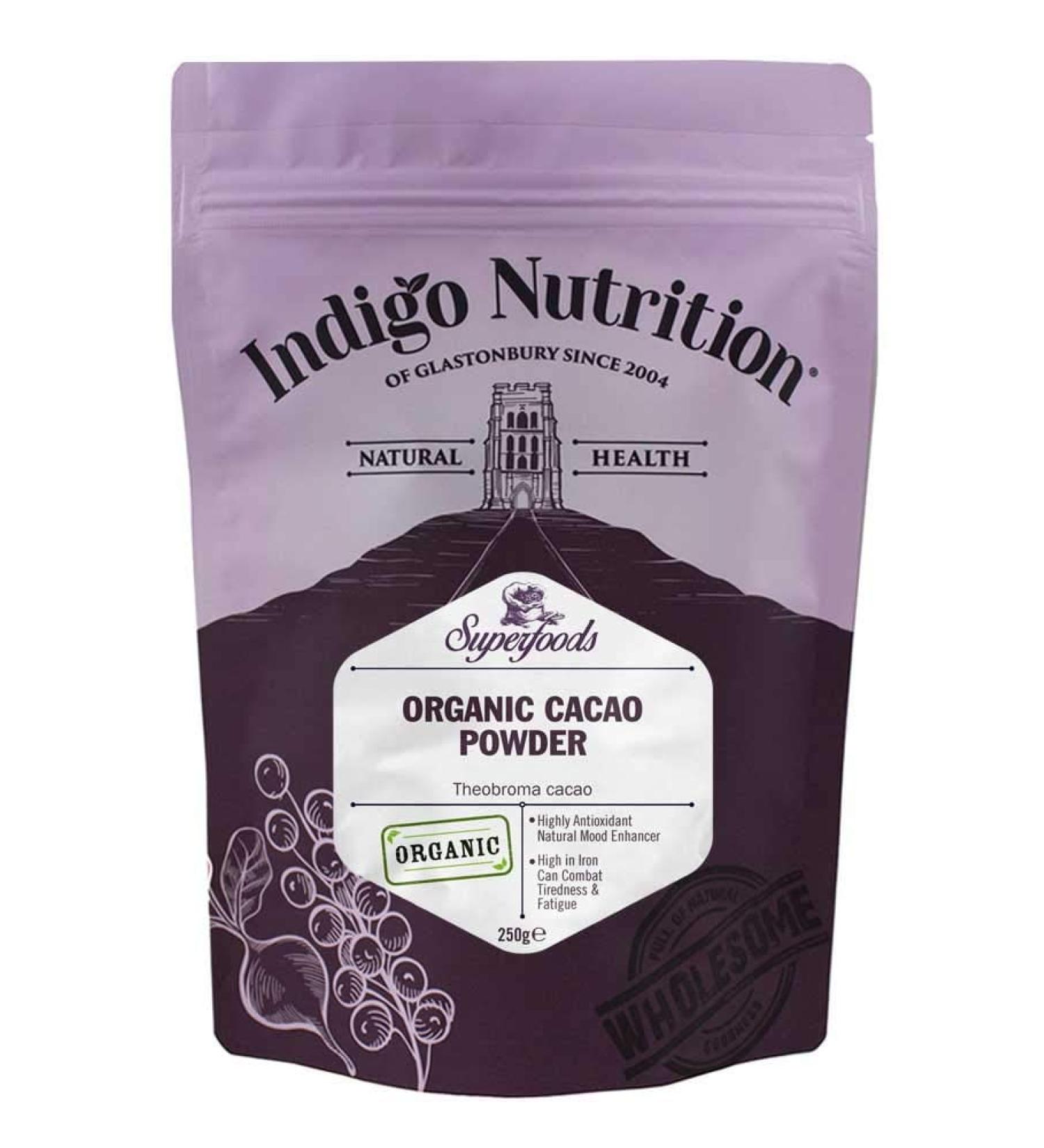 Indigo Herbs Organic Cacao Powder 250g - Vegan & Pure | Unsweetened & Unrefined | Dairy & GMO Free - Buy Online on SooperMarket.com
