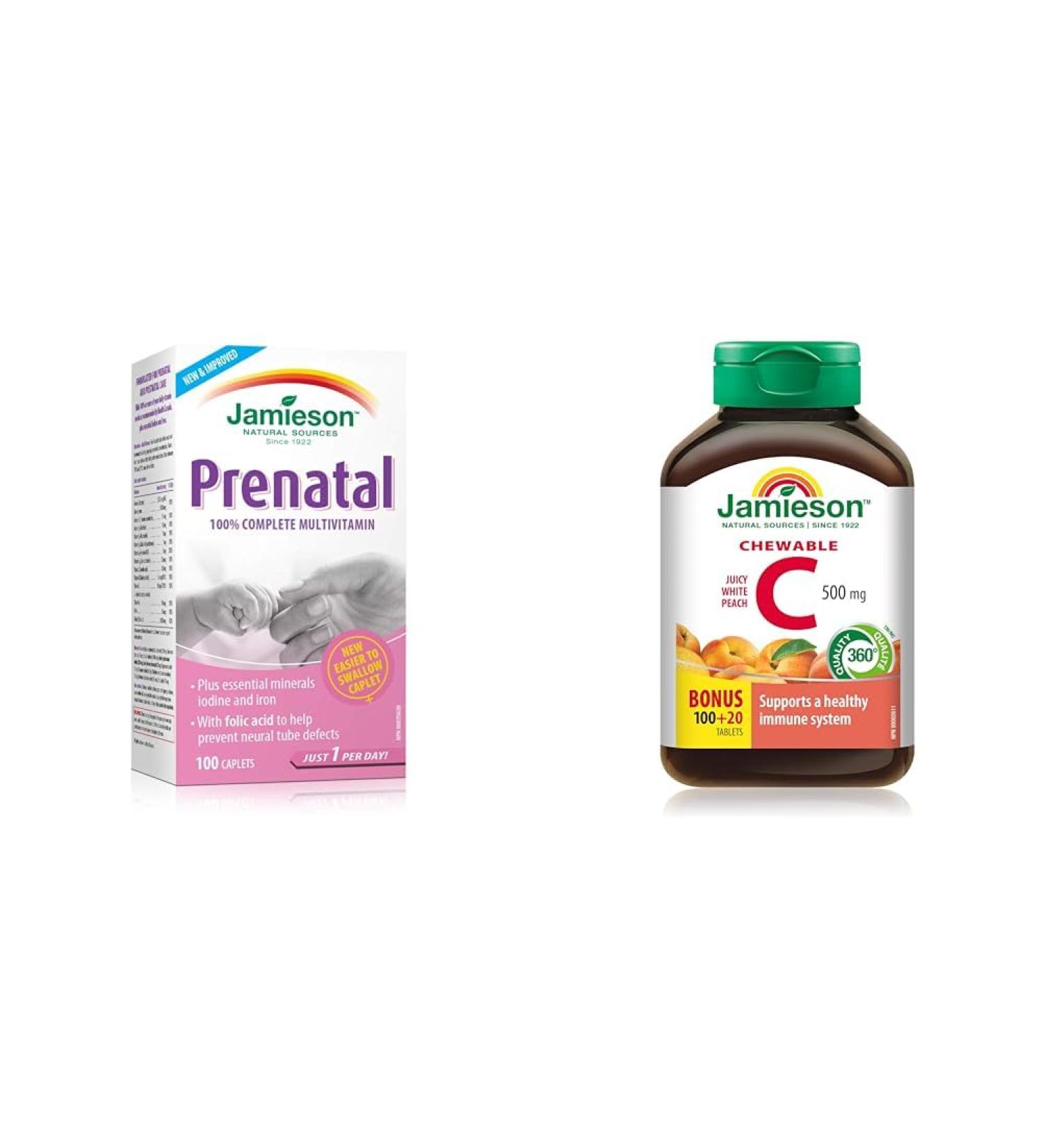 Jamieson Prenatal Multivitamin 100Caplets (Package May Vary) & Chewable Vitamin C 500 mg - White Juicy Peach Flavour 120 Count (Pack of 1) - Buy Online on SooperMarket.com