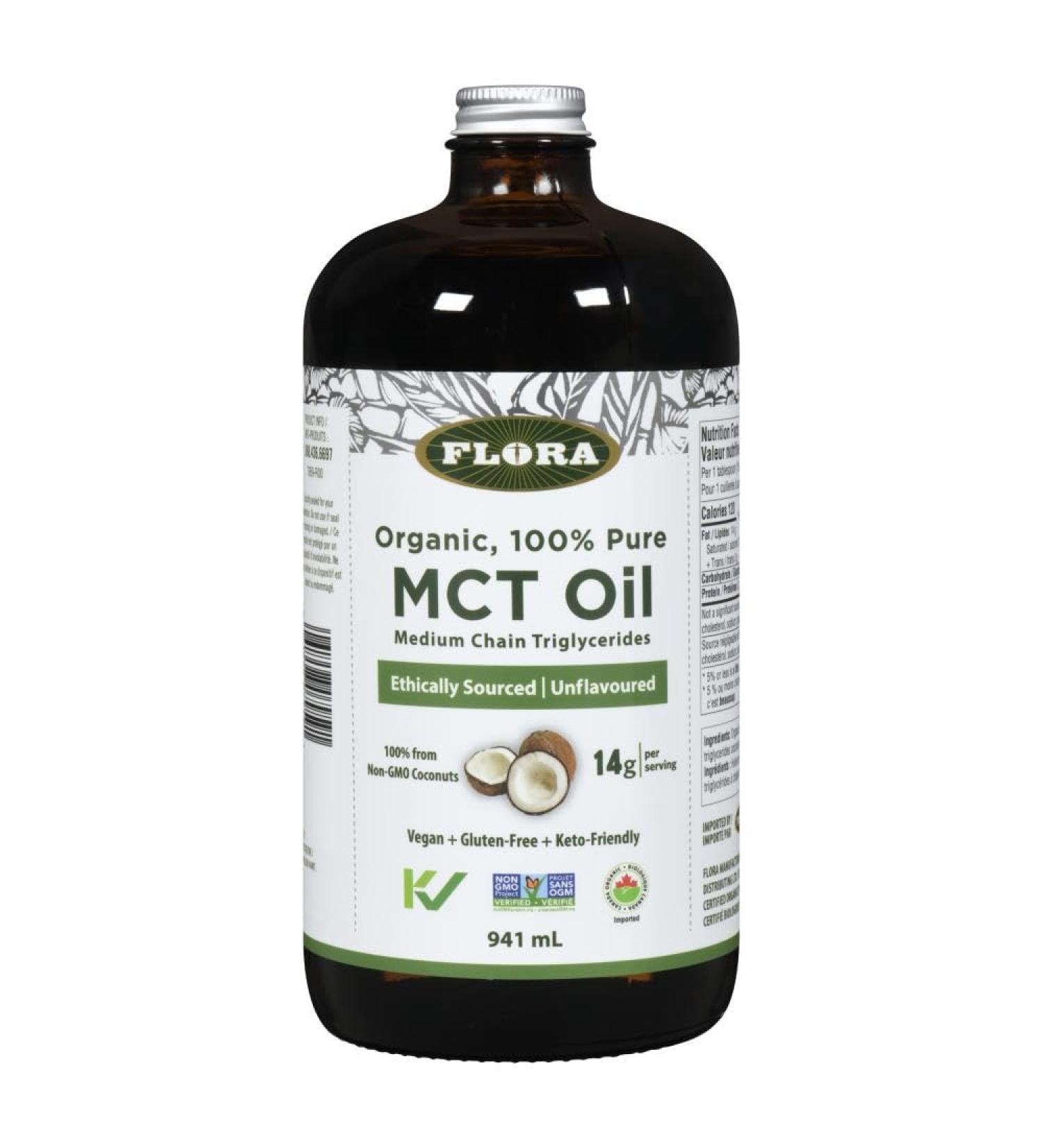 Flora Health MCT Oil 100% Pure Organic Energy Boost C8 Caprylic & C10 Capric Acids Ethically and Sustainably Sourced Coconuts Keto Kosher Non-GMO Verified 941 mL Liquid Glass Bottle - Buy Online on SooperMarket.com