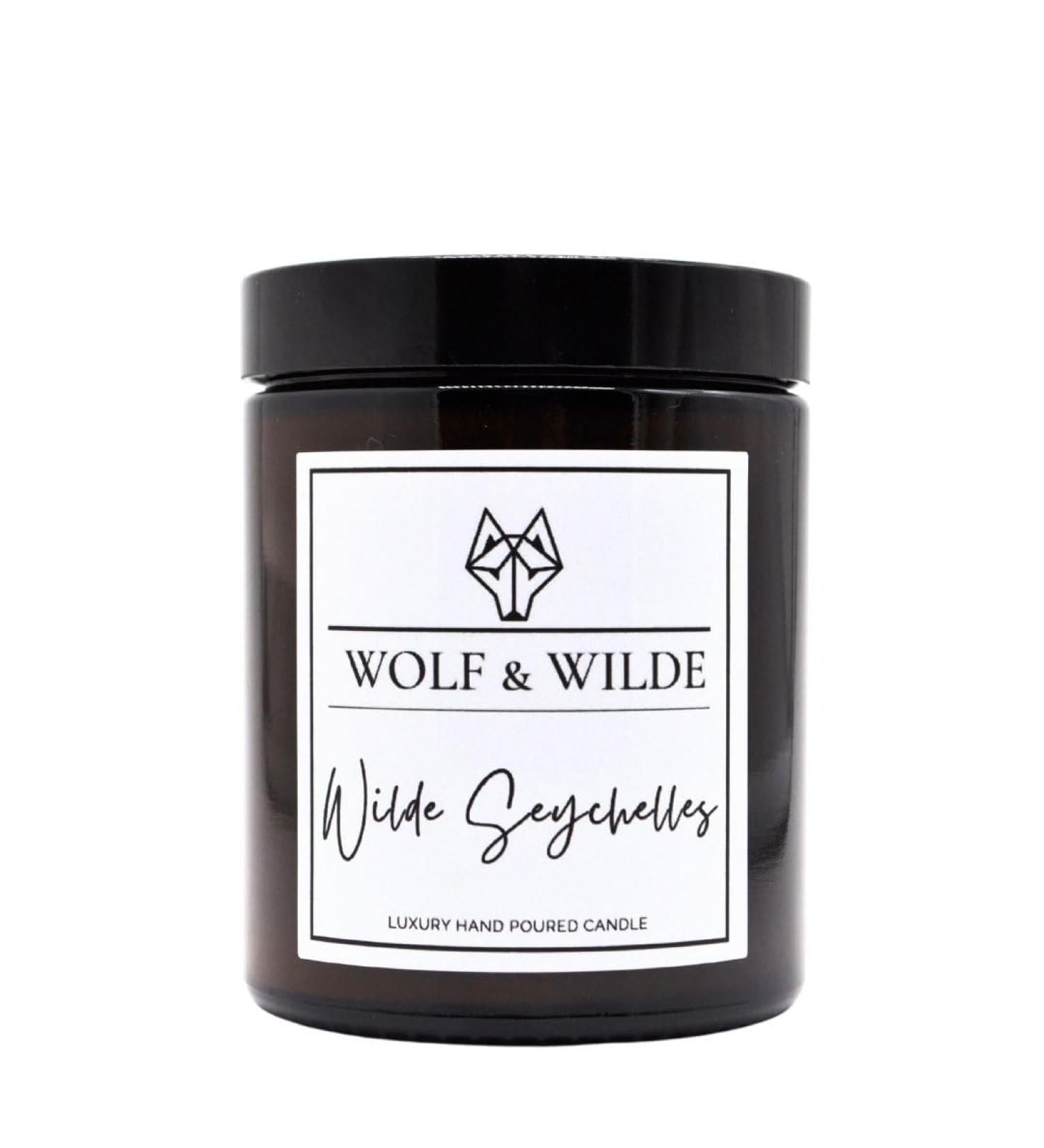Wilde Seychelles Luxury Aromatherapy Scented Candle in Amber Glass Jar 200g. Handmade in West Yorkshire UK by Wolf & Wilde - Buy Online on SooperMarket.com
