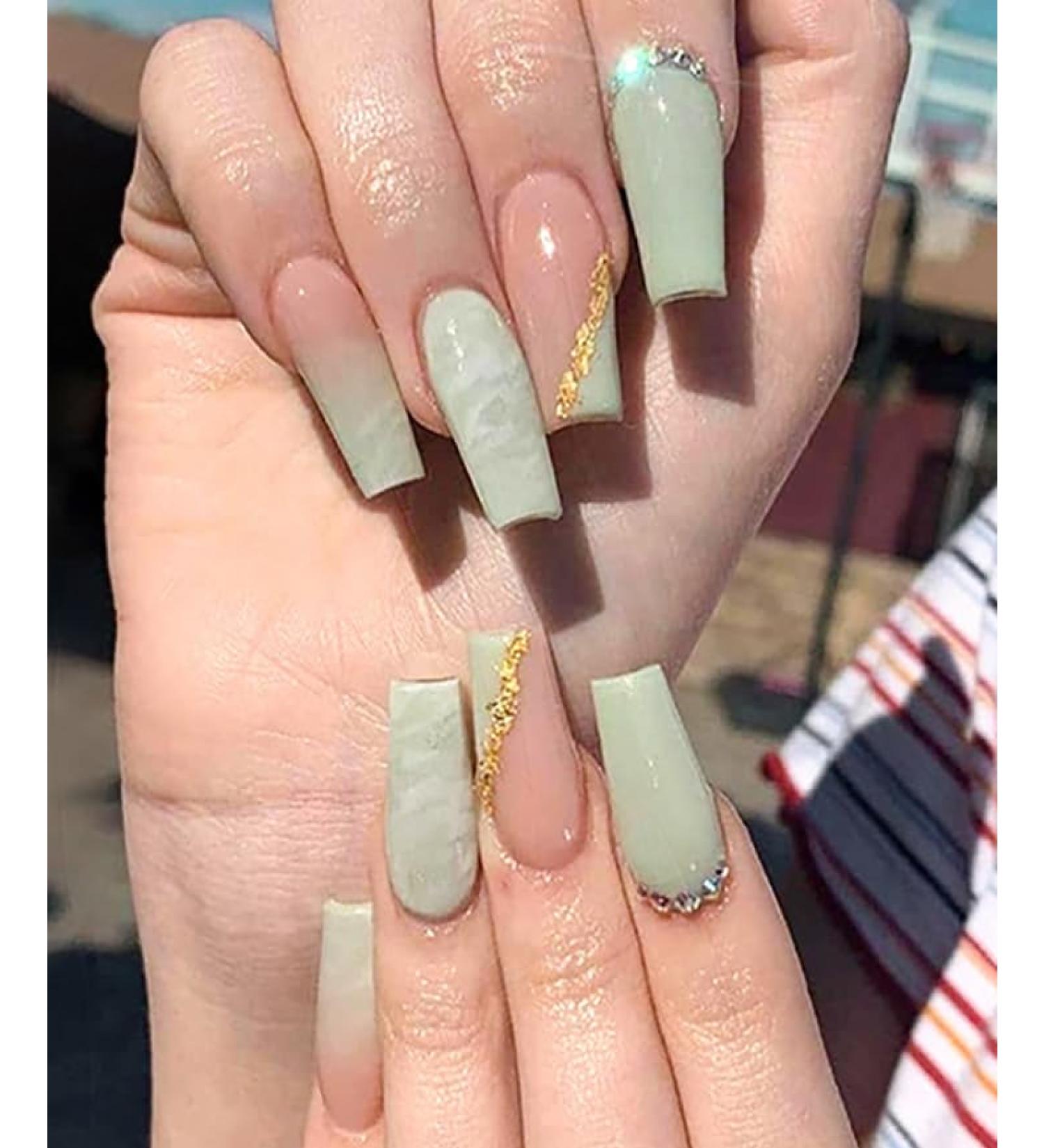 Brishow Coffin Artificial Nails - Long Pink Green Bellarina Acrylic Press-On Nails - 24pcs for Women & Girls | International Shipping - Buy Online on SooperMarket.com