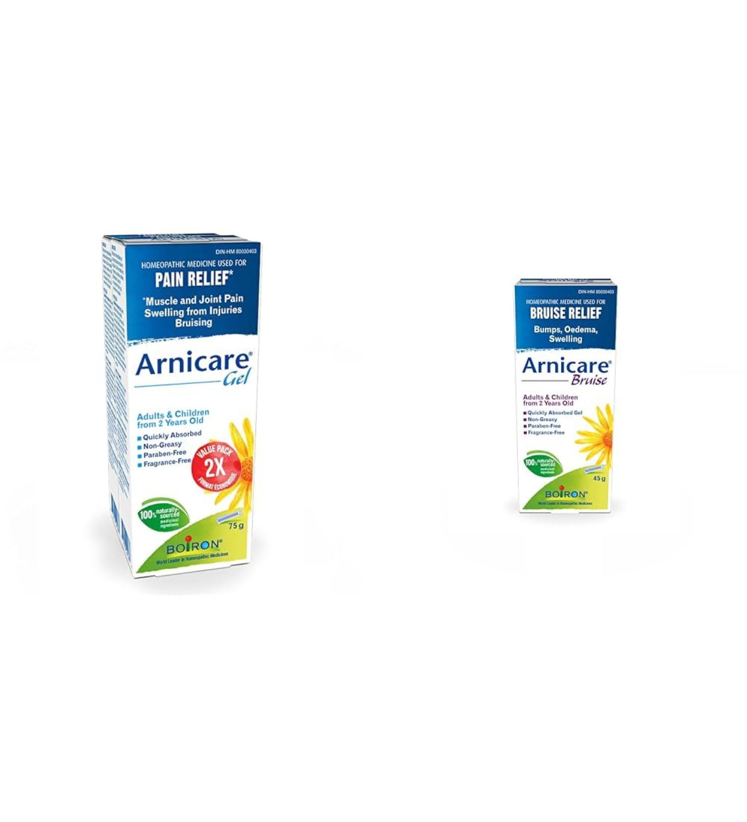 Boiron Arnicare Gel for relief of muscle and joint pain swelling and bruising. Natural health product 2x75g & Arnicare Bruise Swelling Bumps and Oedema Natural Sourced 45 Gram - Buy Online on SooperMarket.com