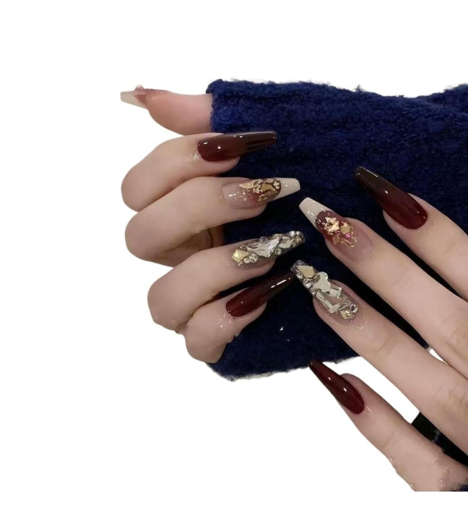Temperament-enhancing manicure retro burgundy blush French manicure patch hand-made fake nails wearing fake nail patch finished product is detachable.(M) - Buy Online on SooperMarket.com