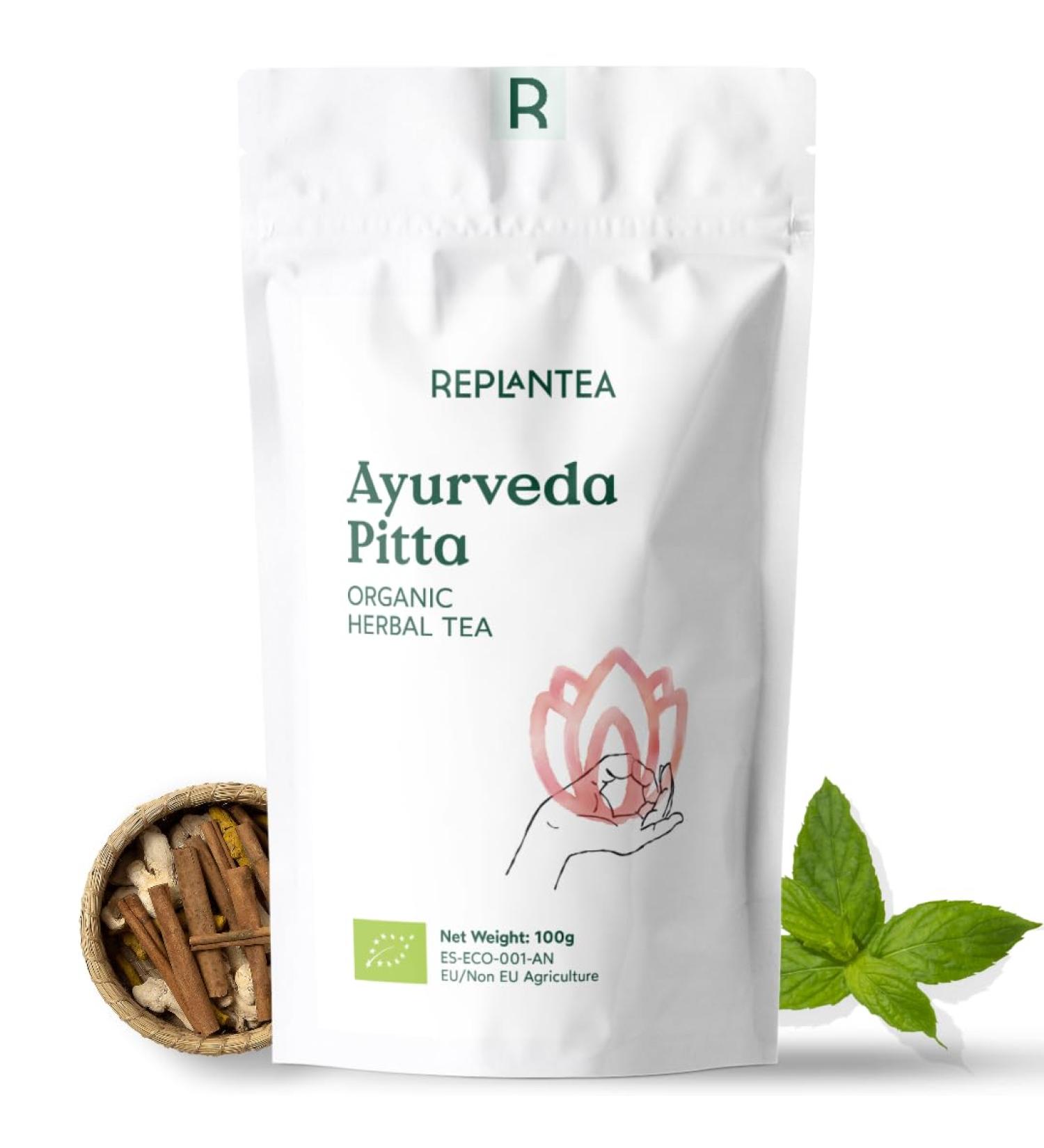 Ayurveda Tea Pitta Organic 100g (50 Cups) | Herbal Loose Leaf Tea with Liquorice Ginger Cinnamom Fennel Mint Cardamom Turmeric REPLANTEA - Buy Online on SooperMarket.com
