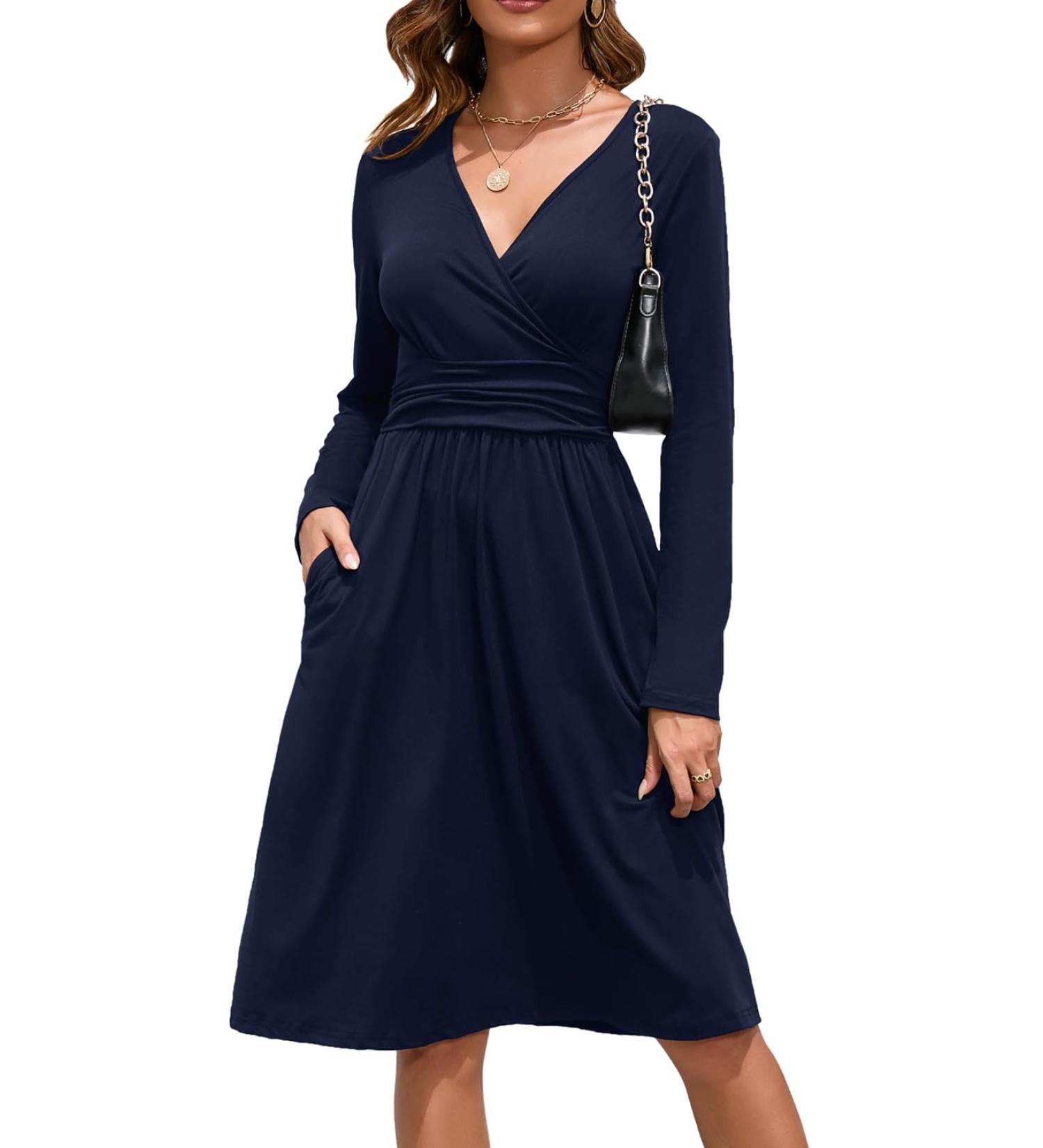 Ouges Women's Spring Casual Midi Dress with Long Sleeve and Pockets - XL Navy - Buy Online on SooperMarket.com