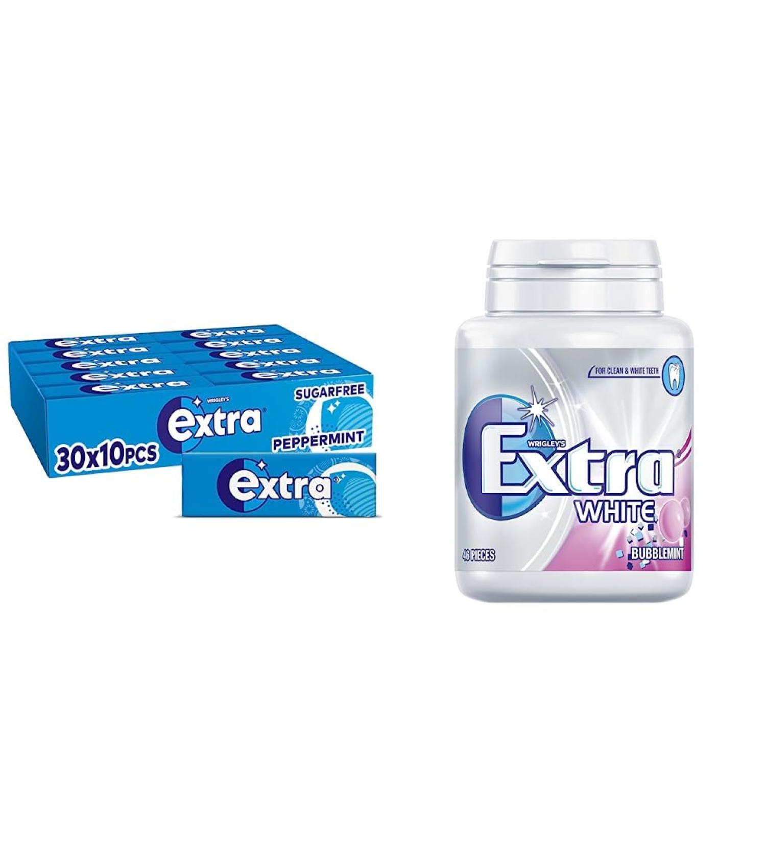 Extra Chewing Gum Sugar Free Peppermint Flavour Chewing Gum Bulk 30 Packs of 10 Pieces & White Chewing Gum Bottle Sugar Free Bubblemint Flavour 46 Pieces - Buy Online on SooperMarket.com