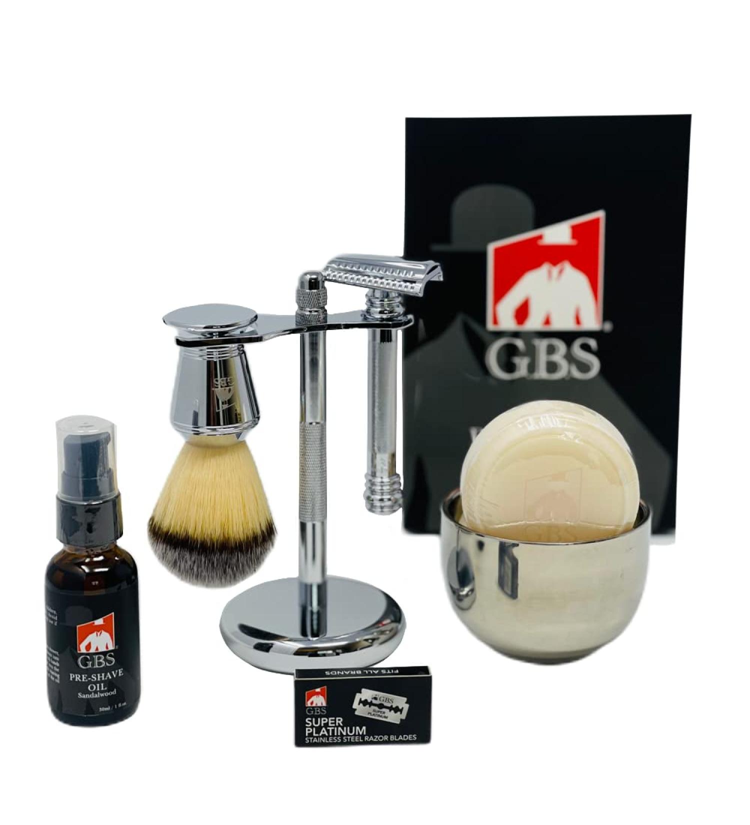 G.B.S Slant Safety Razor Shaving Set | Chrome Stubble Remover Brush & Stand - Classic Shave + 10 Blades - Buy Online on SooperMarket.com