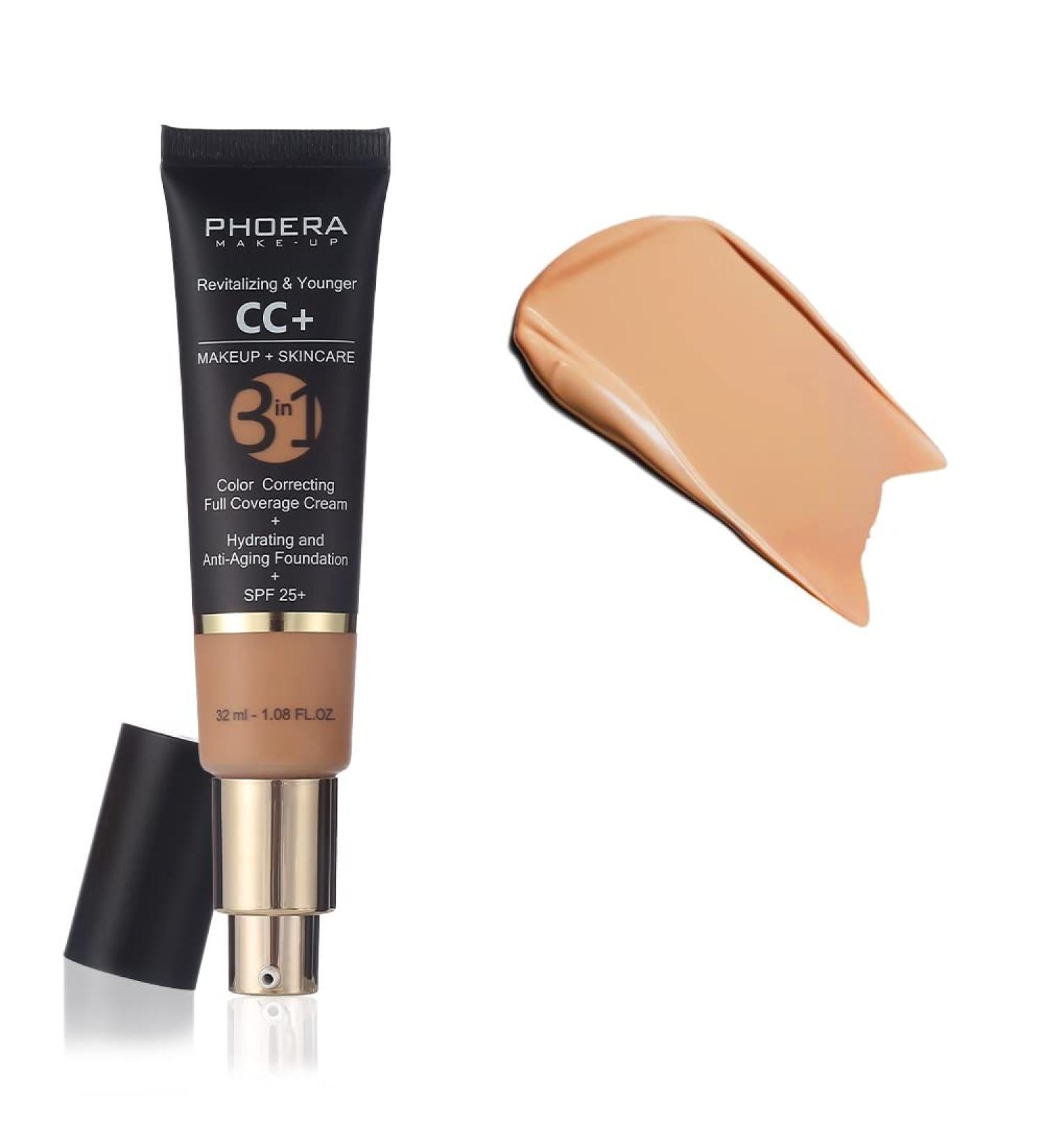 PHOERA Anti-Aging Color Correcting Full Coverage Cream Foundation SPF 25+ Revitalizing & Younger infused Concealer with Vitamins For dark circles  acne scars  wrinkles & redness. (140 Buff Beige)