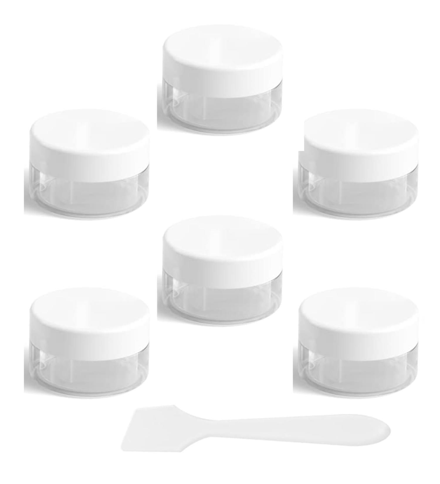Transparent Empty Jars Set - 6 Mini Dose Containers with Spatula | 5ml Travel Potty Jars for Lotion Cream Candles & Cosmetics (White Lid) - Buy Online on SooperMarket.com