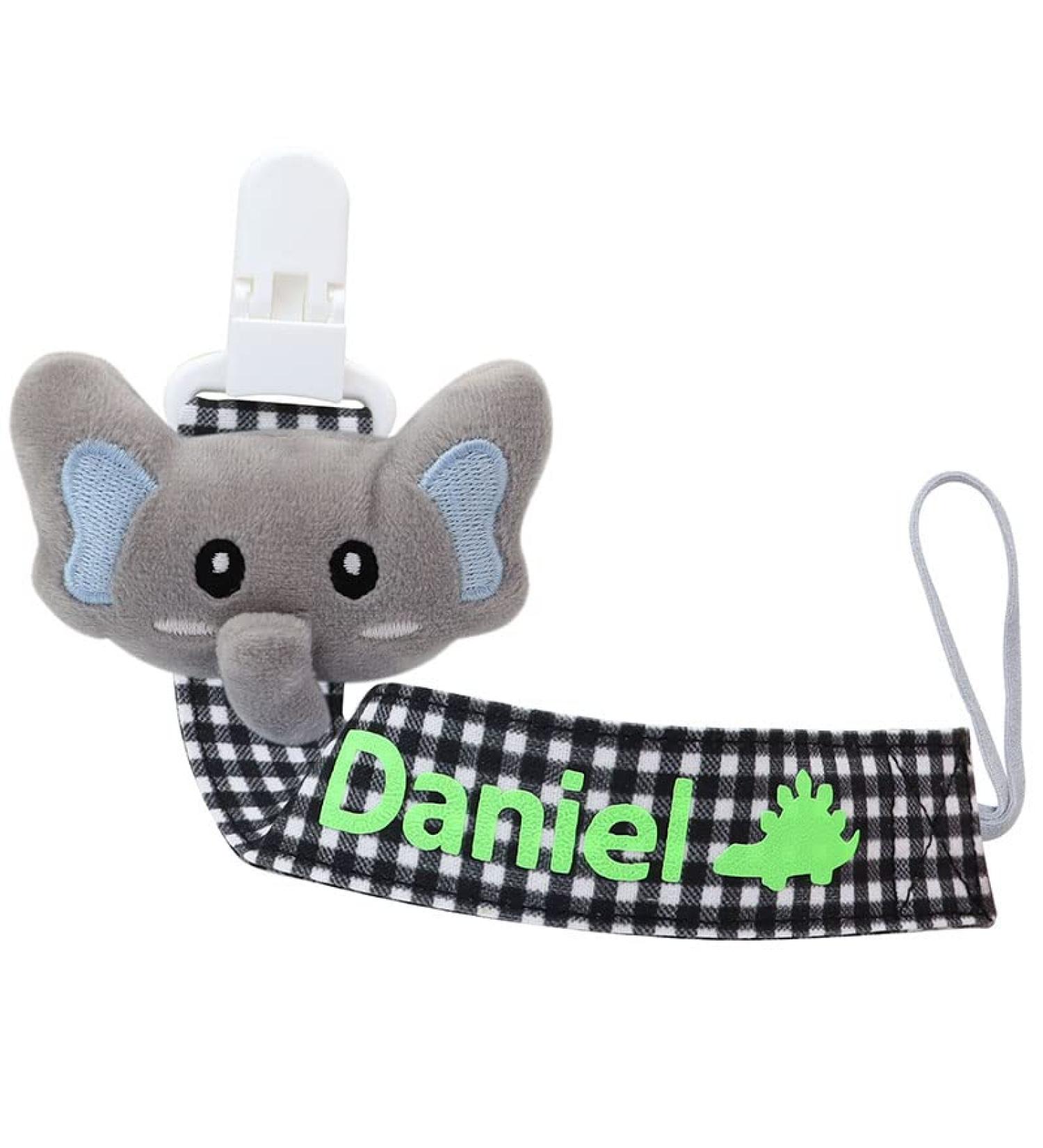 Personalized Pacifier Clip with Name - Ausbay Paci Holder for Boys and Girls - Cotton Fabric Leash for Pacifiers - Black Elephant Pattern - Buy Online on SooperMarket.com