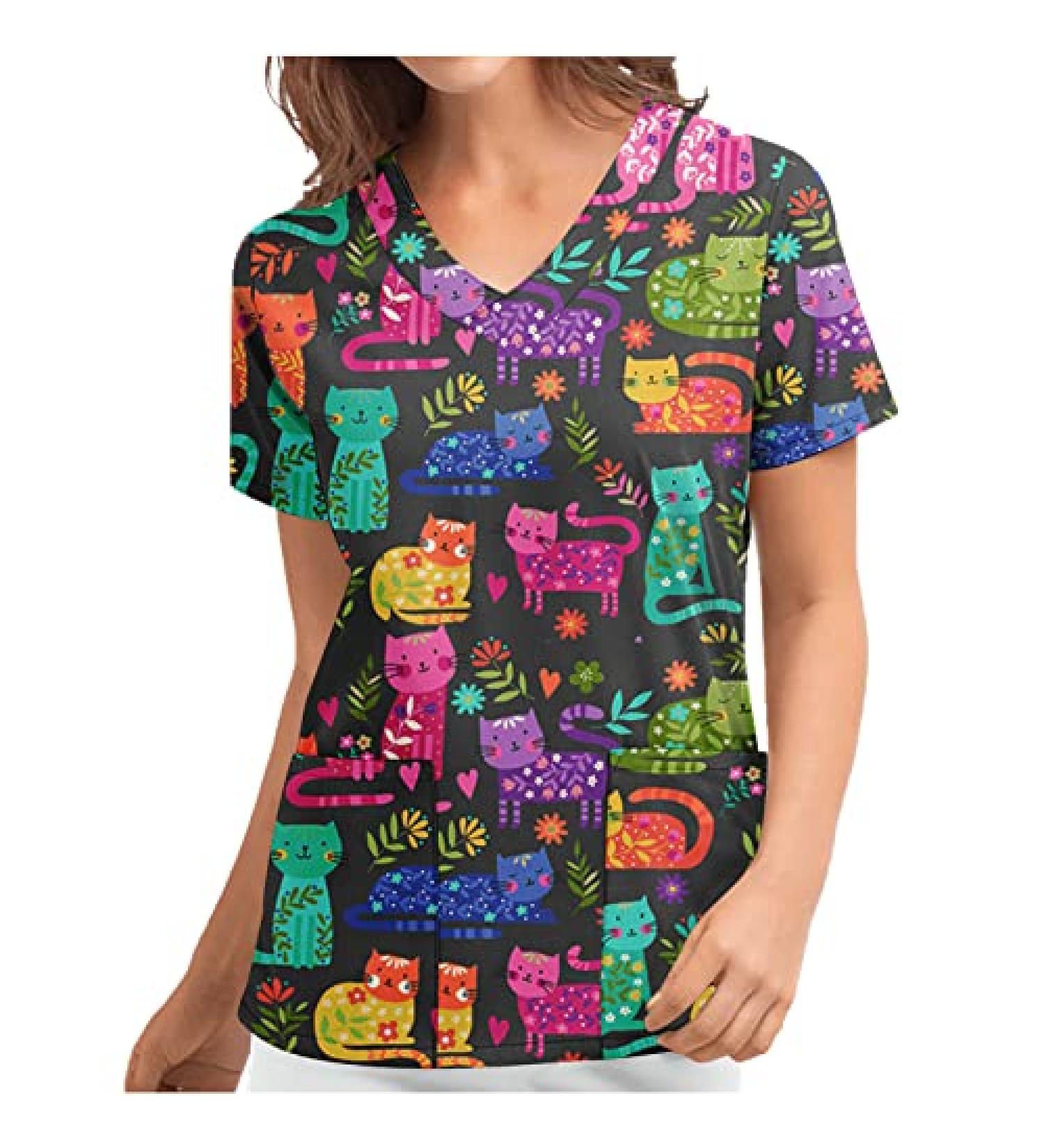 Cat Flower Print V Neck Scrub Top - XX-Large - Black | Nurse Uniform with Pockets - Buy Online on SooperMarket.com