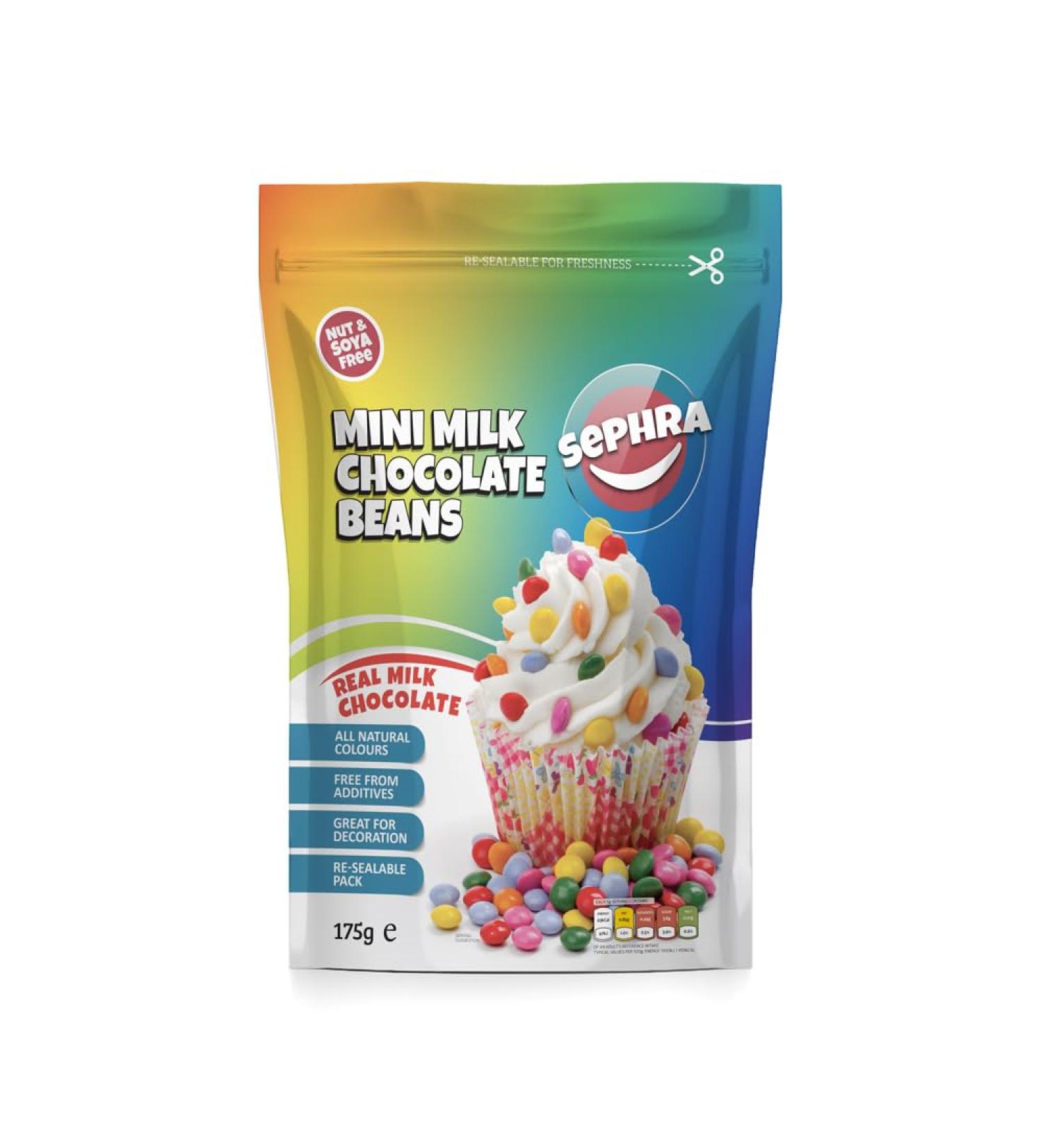 Sephra Mini Chocolate Beans 175g - Multicoloured Candy Coated Lentils with Real Milk Chocolate Centre - Resealable Bag - Buy Online on SooperMarket.com