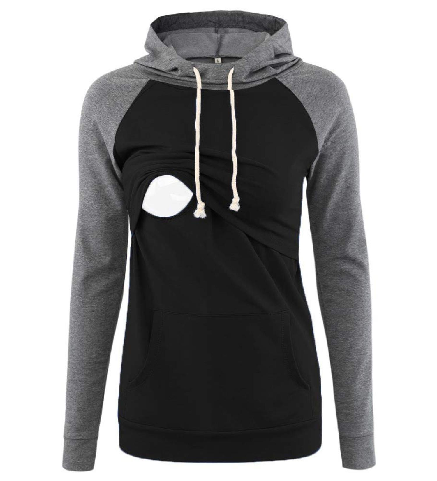 Love2Mi Maternity Nursing Hoodie - Black/Grey Sweatshirt Top for Breastfeeding - Buy Online on SooperMarket.com