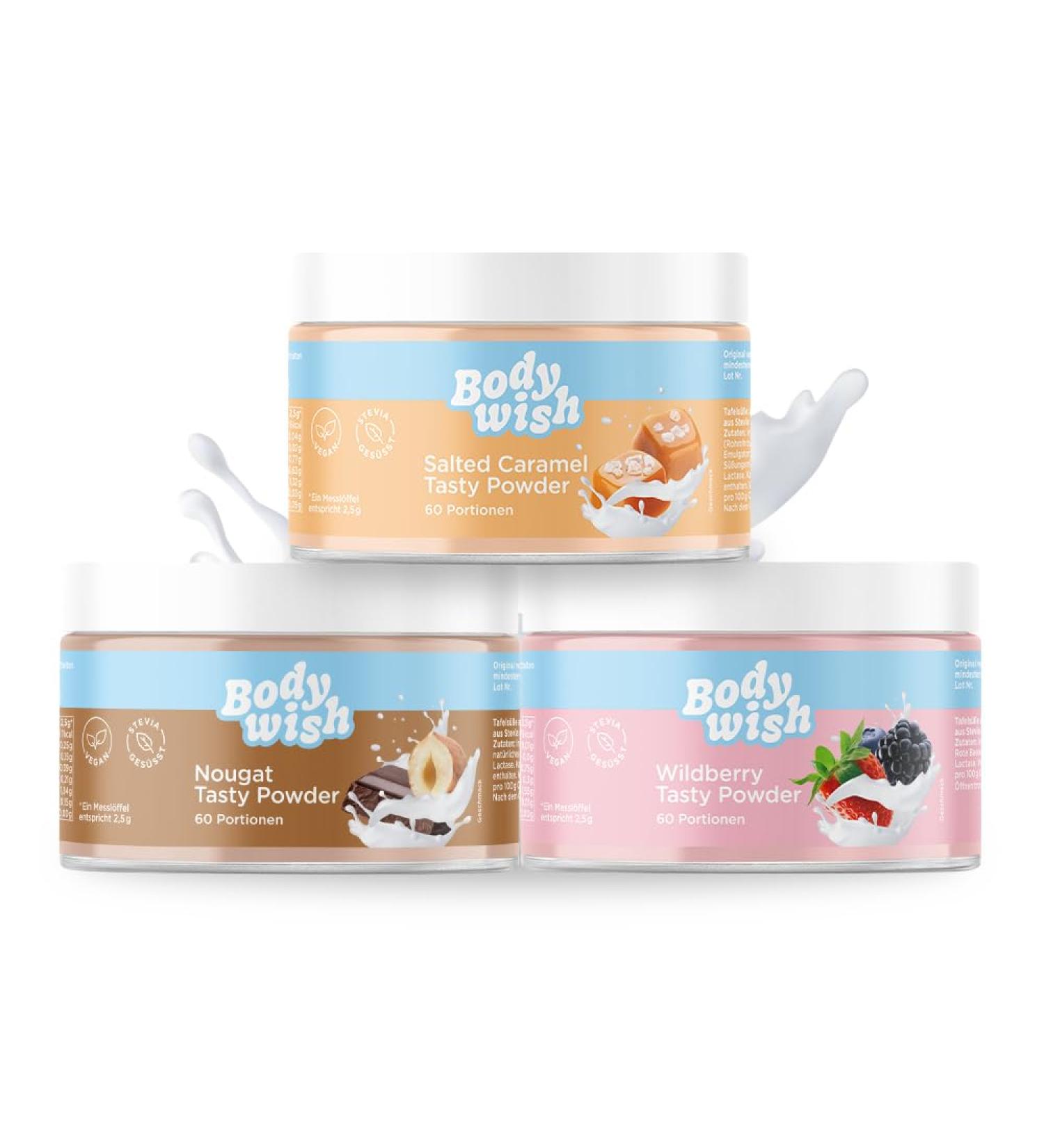 Bodywish Mixed Tasty Powder - Low-Calorie Sugar Substitute - Salted Caramel Wildberry & Nougat - 3 x 150g | Natural Flavor Enhancer for Healthier Living - Buy Online on SooperMarket.com
