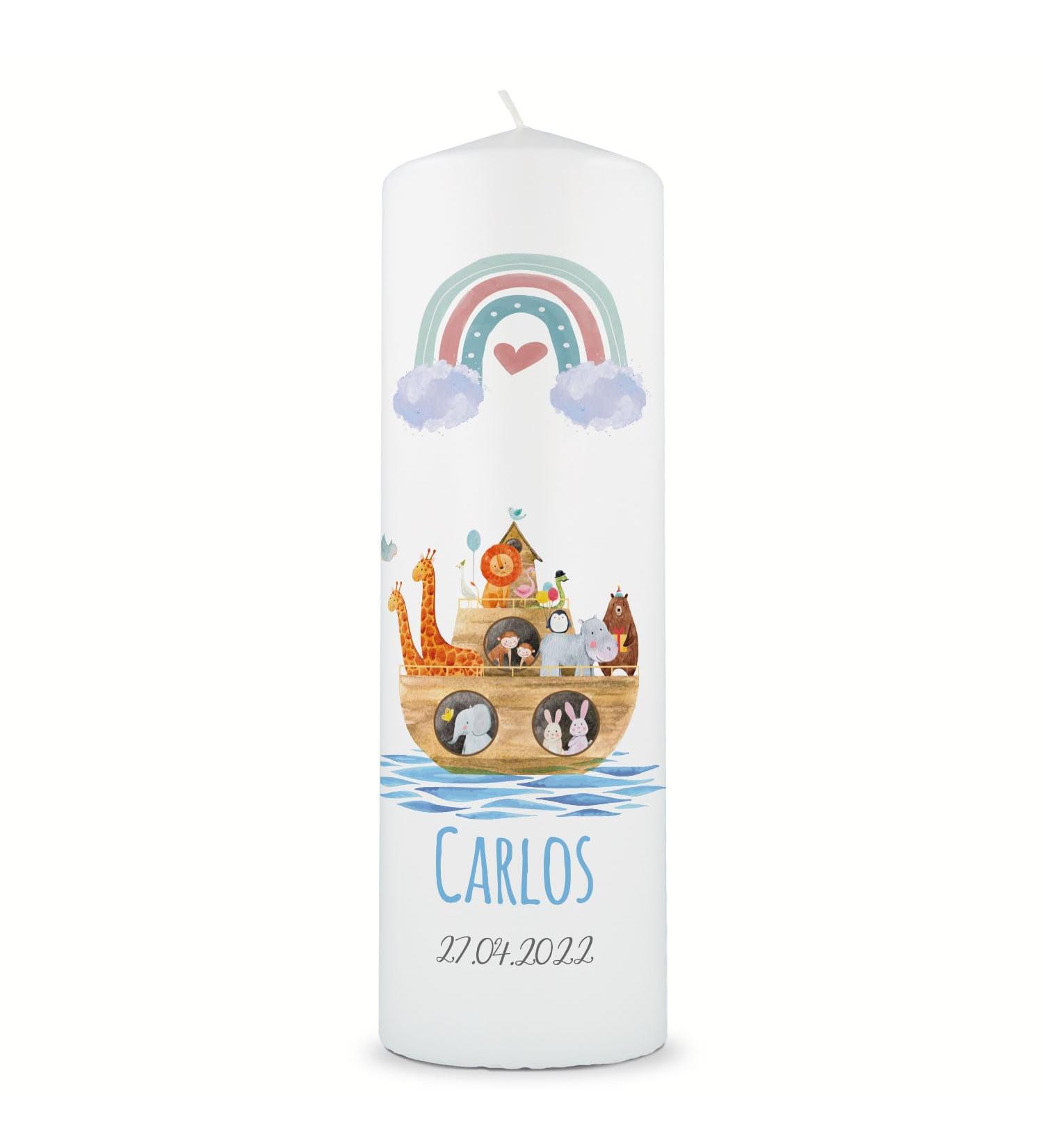 Personalized Gravure Printed Baptism Candle | Ark Rainbow Design | High-Quality Christening Gift for Boys & Girls | 250/80 mm Blue - Buy Online on SooperMarket.com