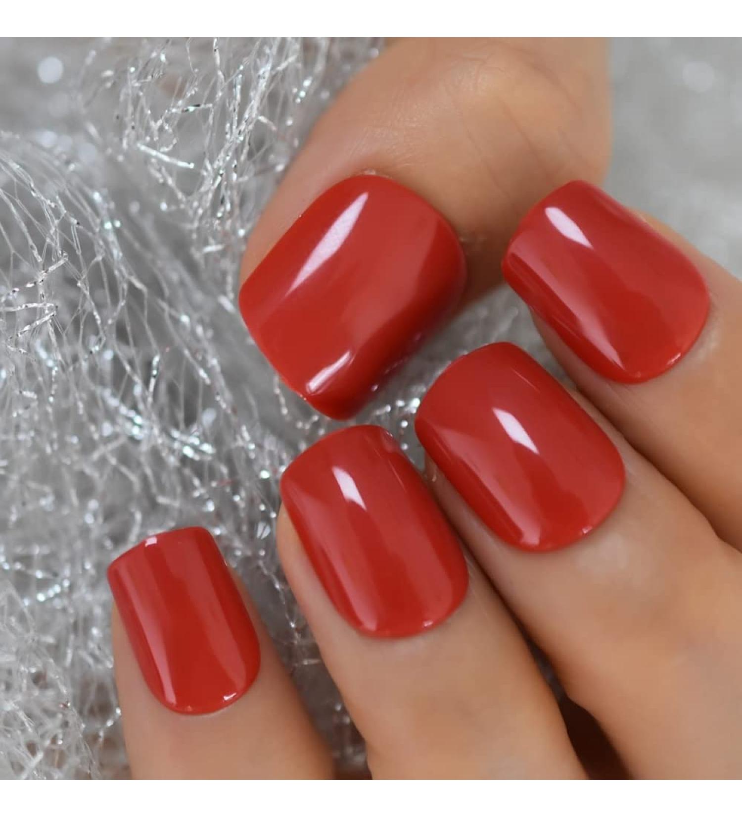 24pcs UV Shiny Red Square Fake Nails Kit - Short False Nail Tips for Office & Home Wear - Buy Online on SooperMarket.com