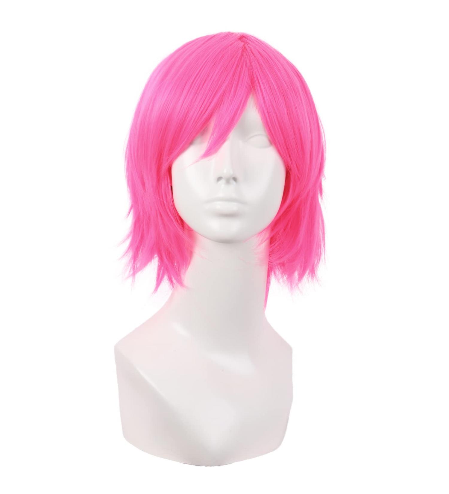 MapofBeauty Neon Pink Short Straight Fiber Wig - 12 Inch Side Bangs Cosplay Wig for Stunning Looks - Buy Online on SooperMarket.com