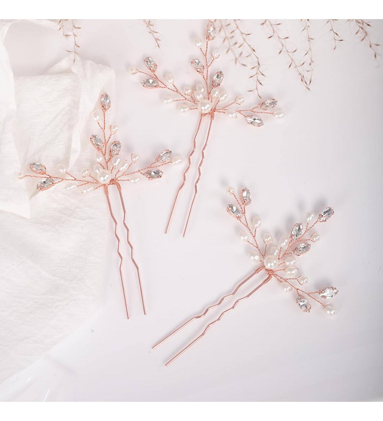 Chargances Crystal Bridal Pearl Hair Pins Set Wedding Rhinestone Hair Pins Elegant Pearl Beaded Wedding Hair Accessories for Women and Girls (Rose Gold) - Buy Online on SooperMarket.com