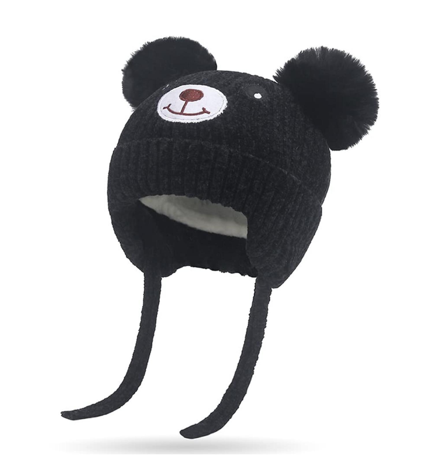 Cute Bear Kids Winter Hat with Ear Flaps | Chenille Knitted Warm Hat for Baby Girls Boys | Fleece Lined Earflap Cap | Toddler Cold Weather Beanie - Buy Online on SooperMarket.com