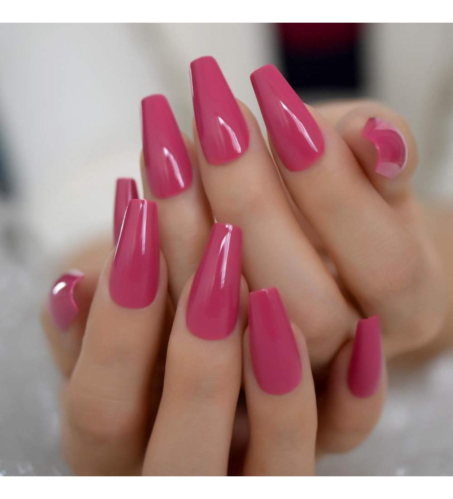 Dark Rose Pink Coffin False Nail Tips - 24pcs Glossy Acrylic Press On UV Fake Nails | Salon-Quality Full Cover with Glue Sticker | L5578 - Buy Online on SooperMarket.com