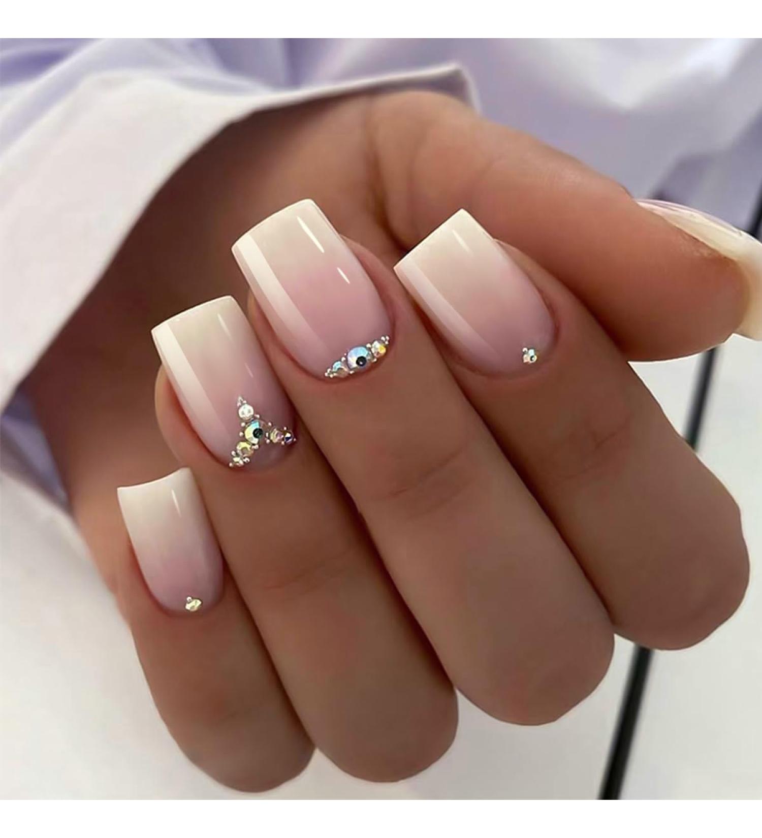24 Pcs Pink Press-On Nails - Short Bling Glam Square with Diamond & Glitter Rhinestones | Glossy Fake Nails for Women & Girls - Buy Online on SooperMarket.com
