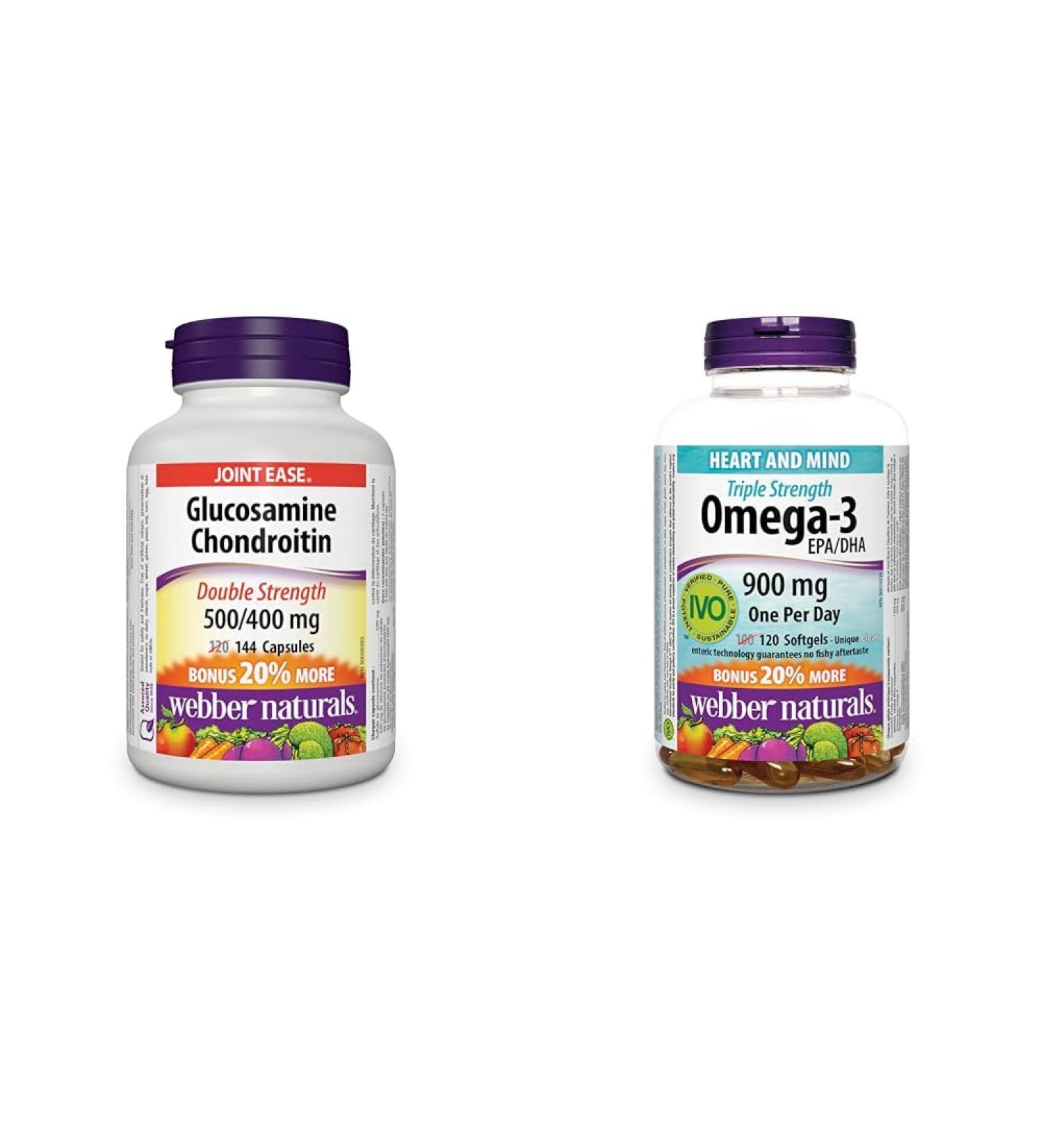 Webber Naturals Glucosamine Chondroitin Double Strength 144 Capsules & Omega-3 900 mg Triple Strength 120 Clear Enteric No Fishy Aftertaste Softgels NUTRITIONAL_SUPPLEMENT + SUPPLEMENT 20-5402 - Buy Online on SooperMarket.com