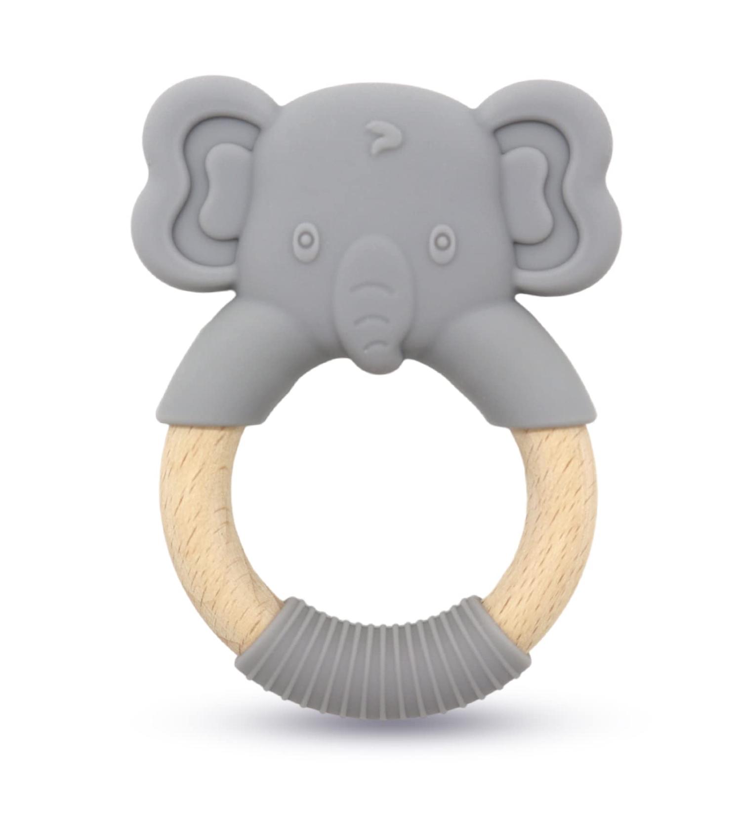 Elephant Baby Teething Toy - Natural Wooden Ring, Food-Grade Silicone, 12+ Months - Buy Online on SooperMarket.com