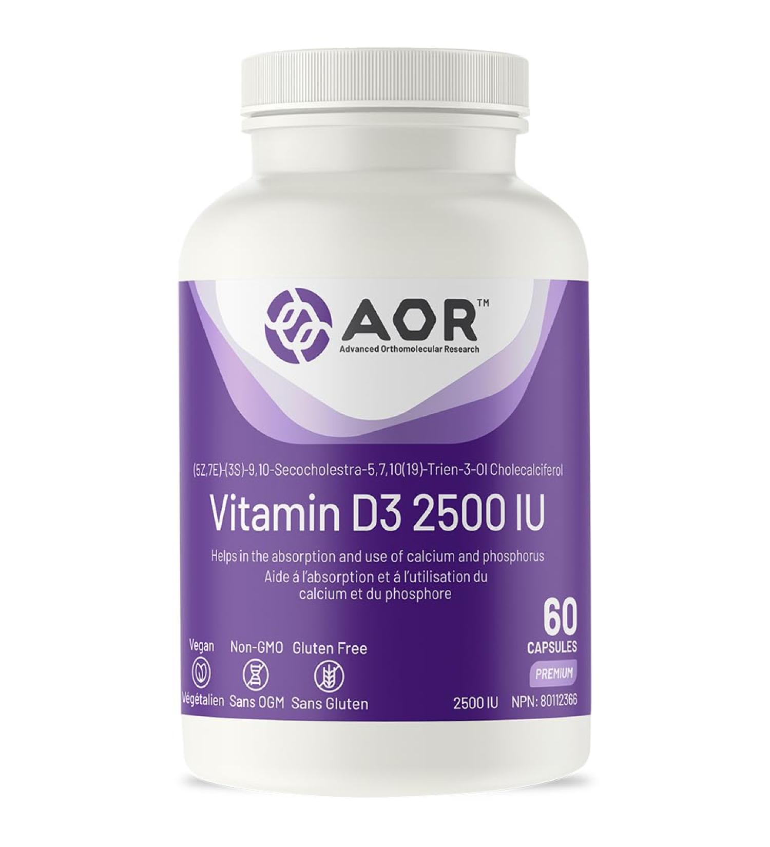 AOR - Vitamin D3 2500 IU - 60 Capsules - Supports Bone and Teeth Health - Ideal for Adults - Premium Quality Vitamin D Supplements 60 count (Pack of 1) - Buy Online on SooperMarket.com