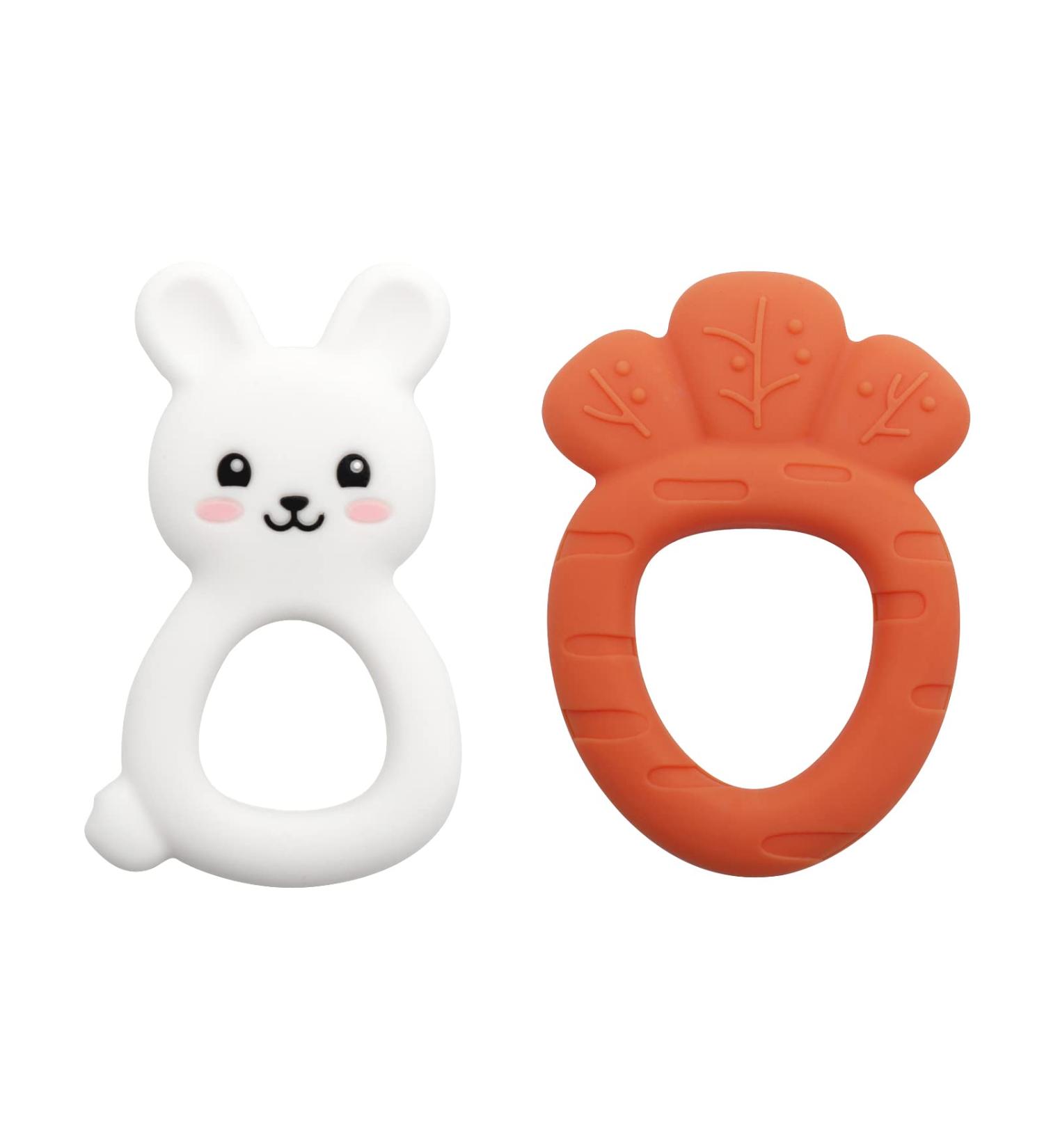 PAPACHOO Teething Toys 2 Pack - Bunny Carrot Silicone Infant Teether Set | BPA Free Baby Soothing Toy for Teething Relief - Buy Online on SooperMarket.com