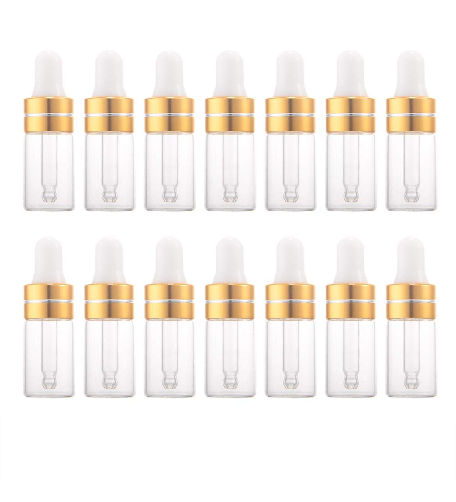EnsLZ 15 pieces of drip bottles empty refillable transparent glass for essential oils perfume cosmetics liquid aromatherapy lotion samples storage container (3 ml gold)