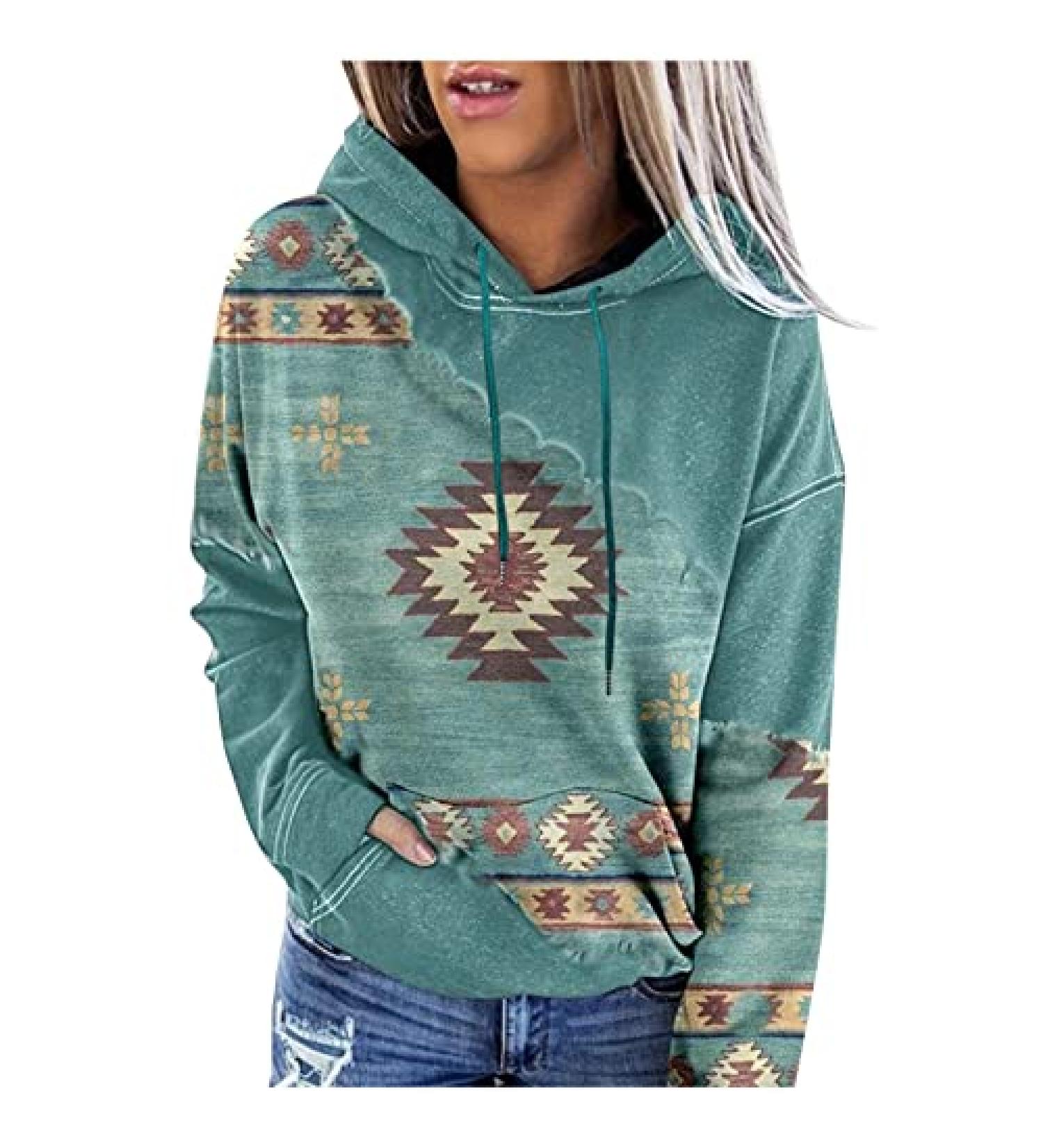 Womens Western Horse Aztec Hoodie | Pullover Sweatshirt Ethnic Vintage Casual Top - Buy Online on SooperMarket.com