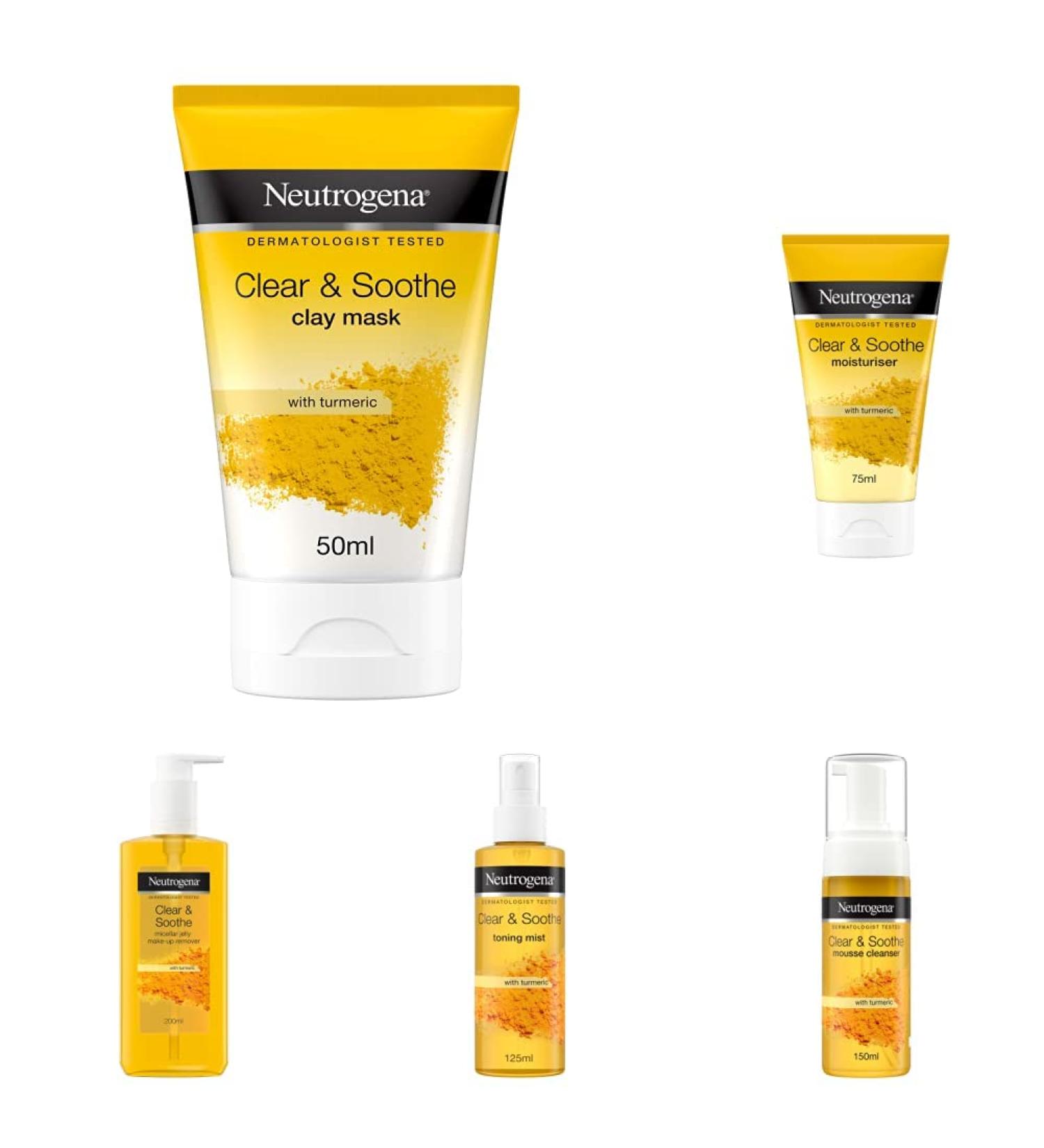 Neutrogena Clear & Soothe 5-Step Skincare Bundle Set | With Tumeric | For Spot-Prone Skin | Make-Up Remover Mask Cleanser Moisturiser Mist 5 Piece set 5-Step Regime Bundle - Buy Online on SooperMarket.com