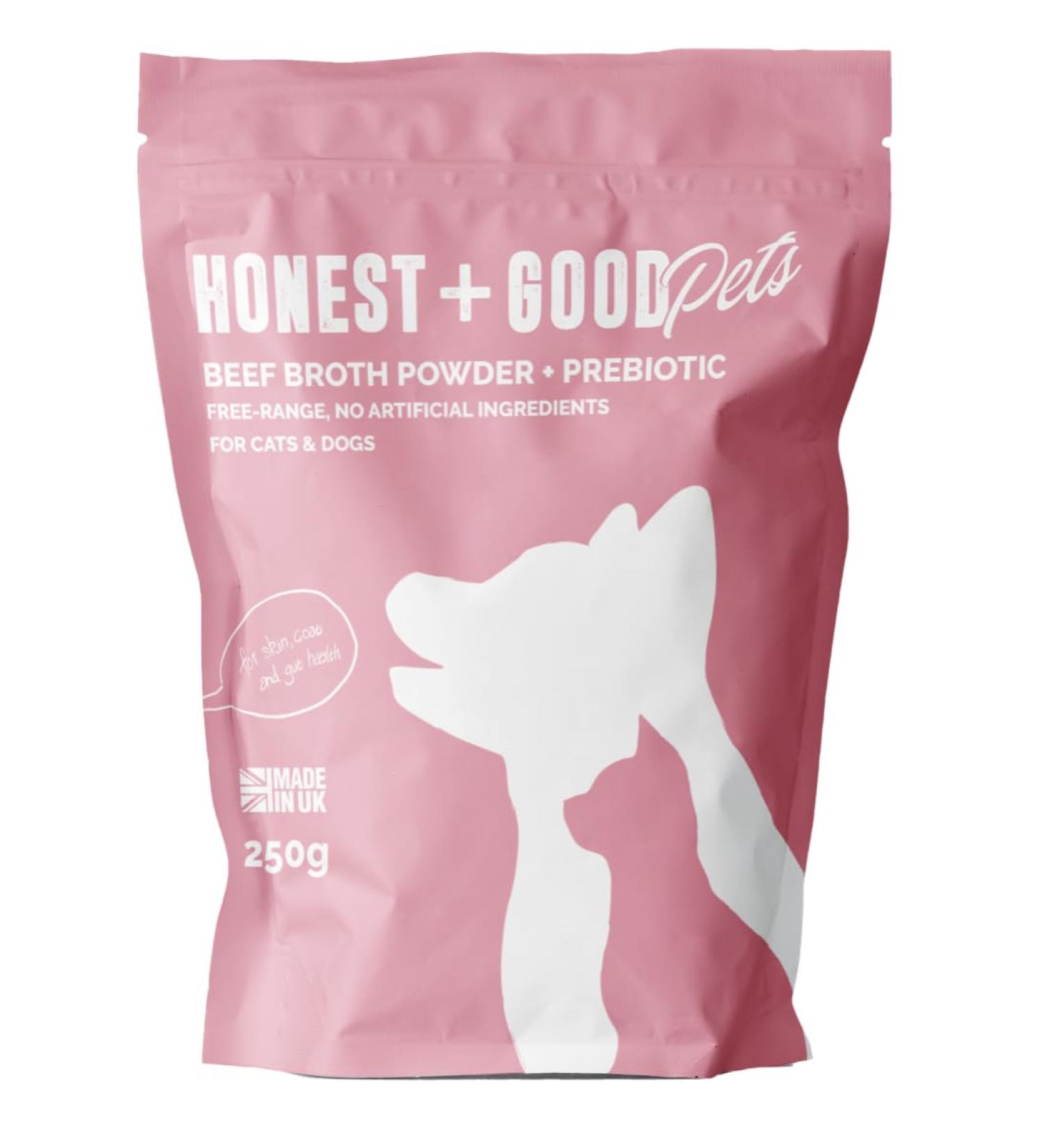 Honest + Good Pets UK's Beef Bone Broth + Pre-biotic | Coat & Digestion Gut Health | Dog & Cat Bone Broth | High in Type I & III Collagen & Fibre | 50 Servings 250g - Buy Online on SooperMarket.com