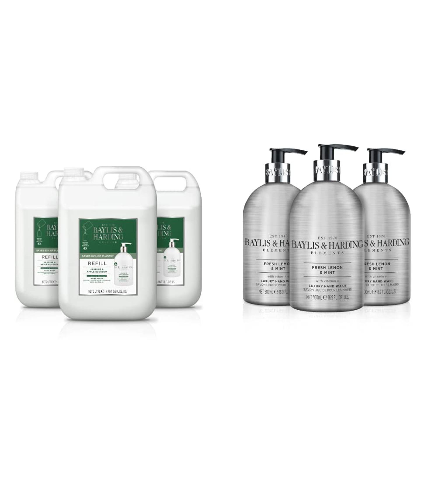 Baylis & Harding Jasmine & Apple Blossom Anti-Bacterial Hand Wash 2 litre Refill Pack of 3 (total 6 litres) - Vegan Friendly & Elements Lemon & Mint Luxury Hand Wash 500ml Pack of 3 - Vegan Friendly - Buy Online on SooperMarket.com