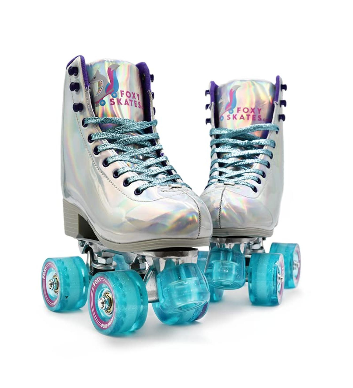 FoxySkate Roller Skates Women  Double Row & 4 Wheels Shiny Roller Skates for Women and Men  Adjustable  Indoor and Outdoor Roller Skates for Girls  7-10 US HOLOGRAPHIC 9 - Buy Online on SooperMarket.com