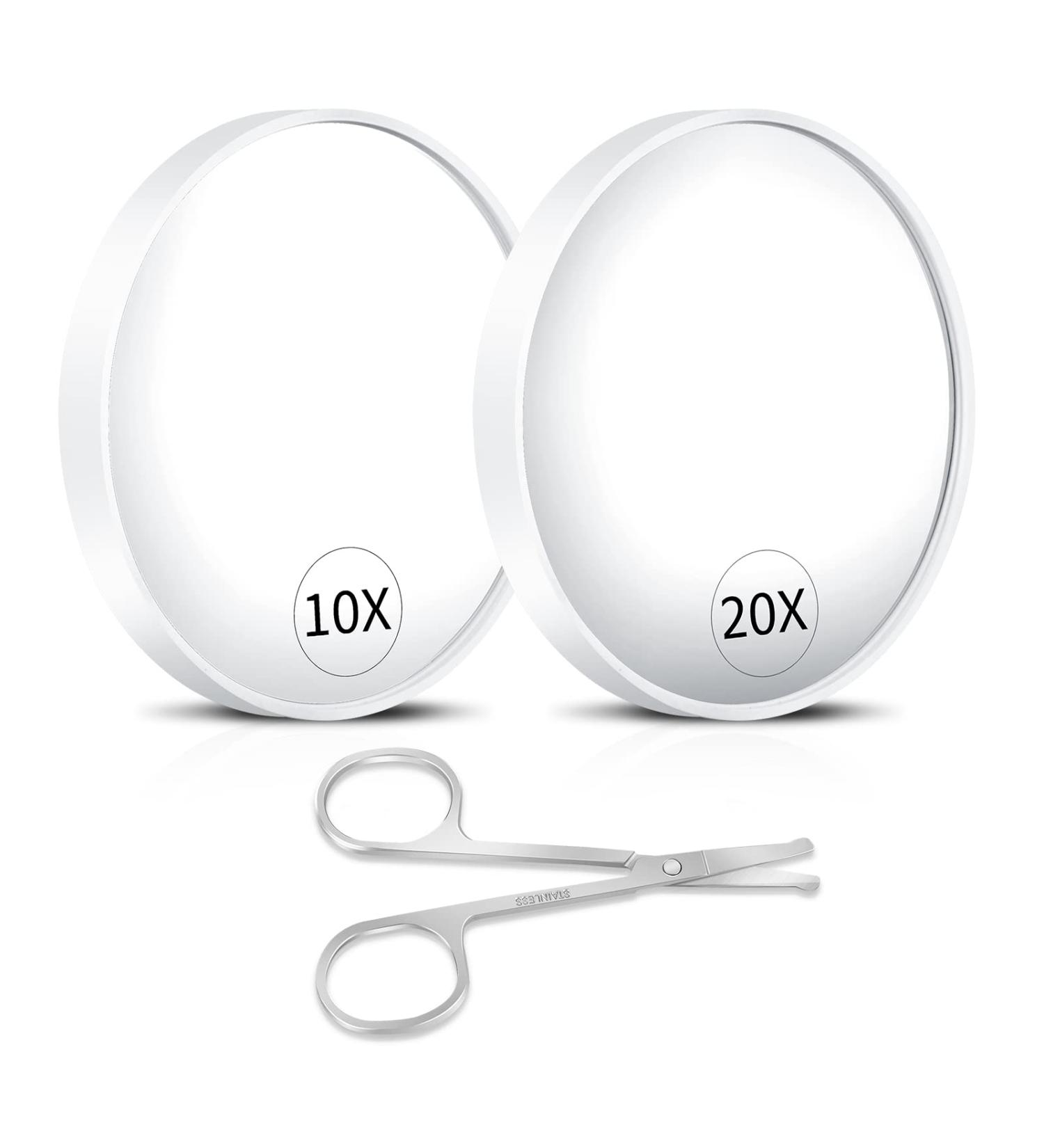 3.5 Inch Round 10X & 20X Magnifying Mirror for Makeup, Eyebrow Tweezing, Blackhead Removal - Includes 2 Suction Cups and Scissors (White) - Buy Online on SooperMarket.com