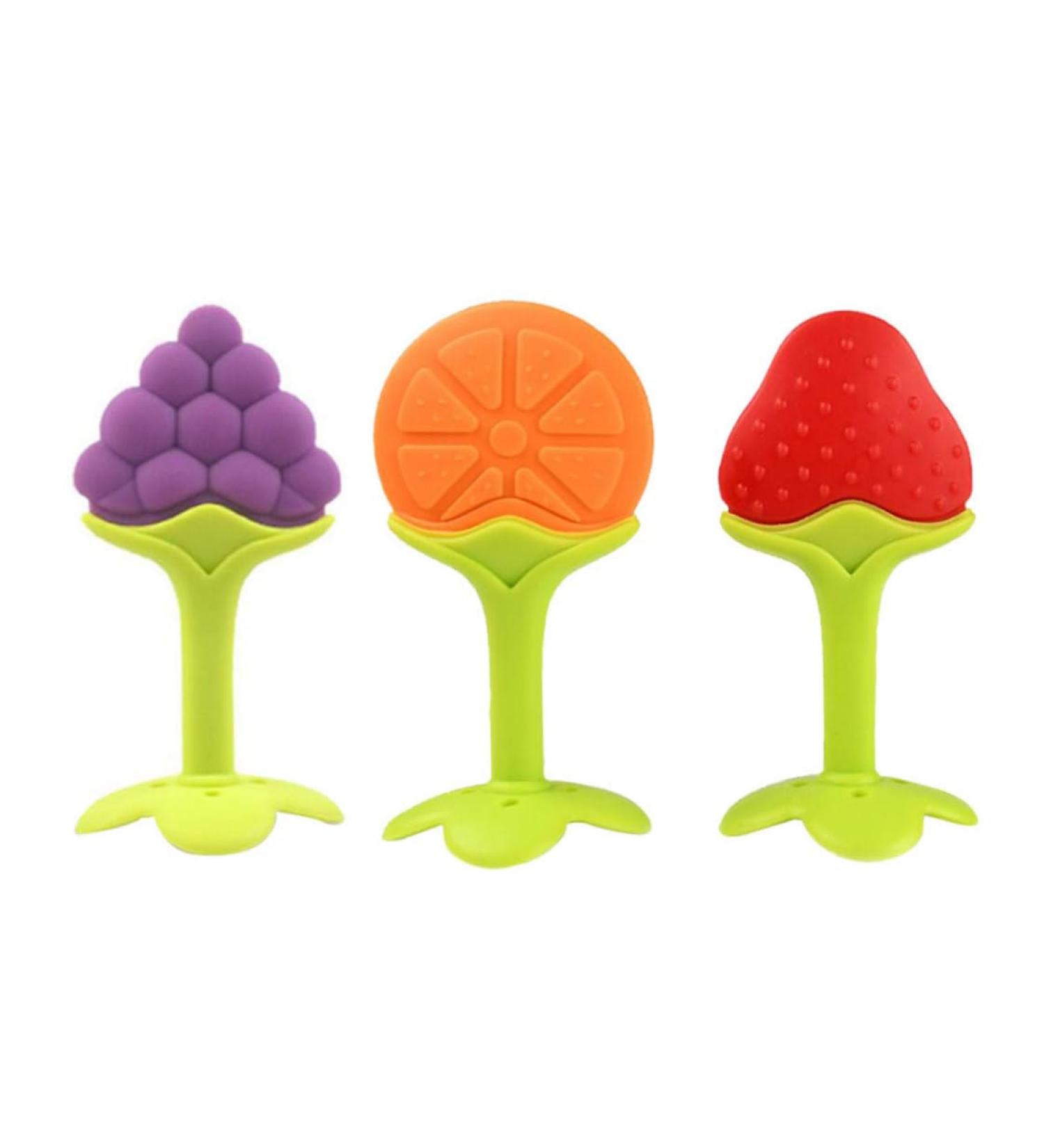 Soft Silicone Fruit-Shaped Baby Teething Toys - Grapes Strawberry & Orange - 3PCs for Infants & Toddlers - Pain Relief Chew Card Multicolor - Buy Online on SooperMarket.com