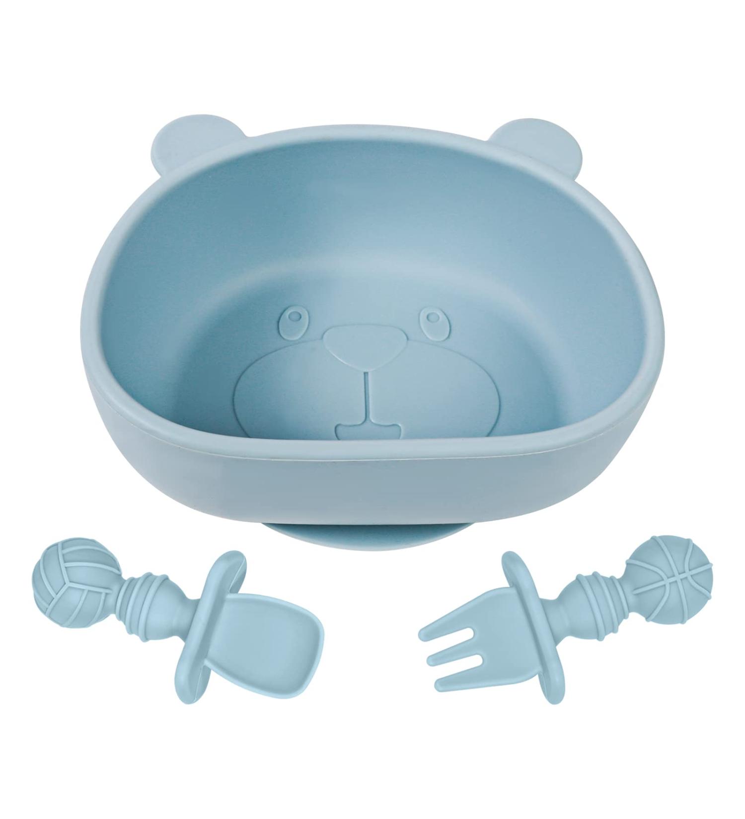 Lanjue Silicone Suction Bowl Set for Baby Toddler | BPA Free Non Slip Weaning Bowl with Spoon & Fork | Blue - Buy Online on SooperMarket.com