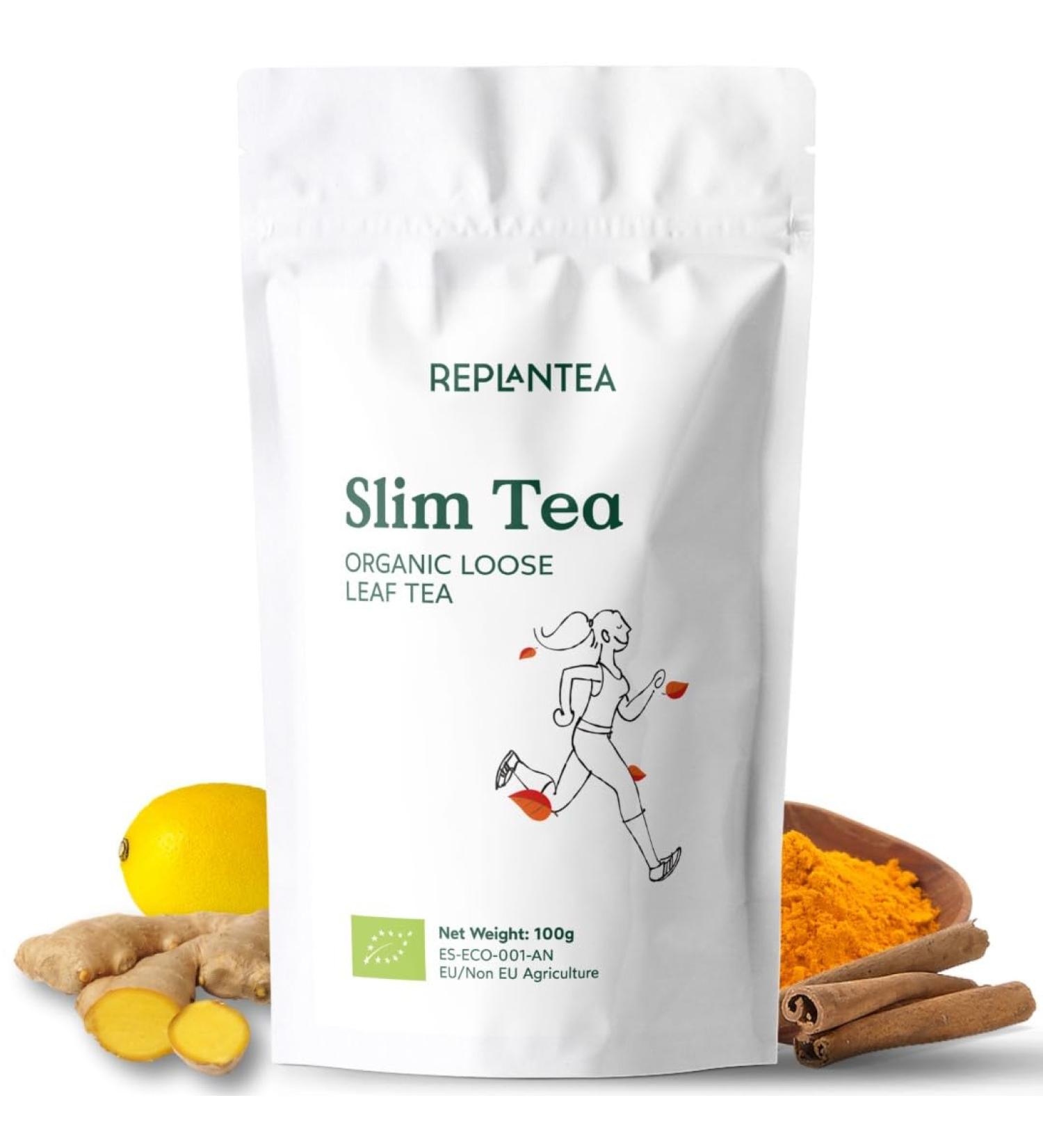 Slim Tea Organic 100g (50 Cups) | Detox Loose Leaf Tea with Matcha Mate Ginger Turmeric Cinnamom Mint REPLANTEA - Buy Online on SooperMarket.com