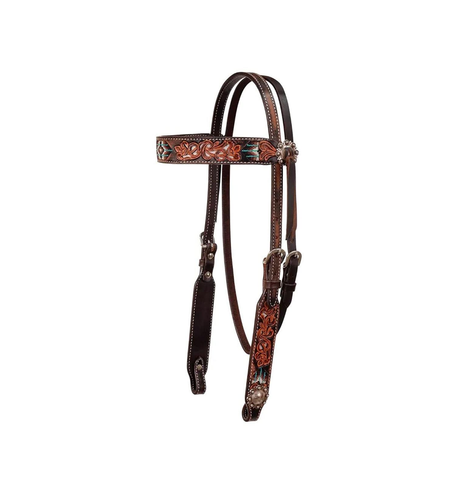 Circle Y Distressed Beaded Leather Browband Headstall - Walnut | Horse Bridle - Buy Online on SooperMarket.com
