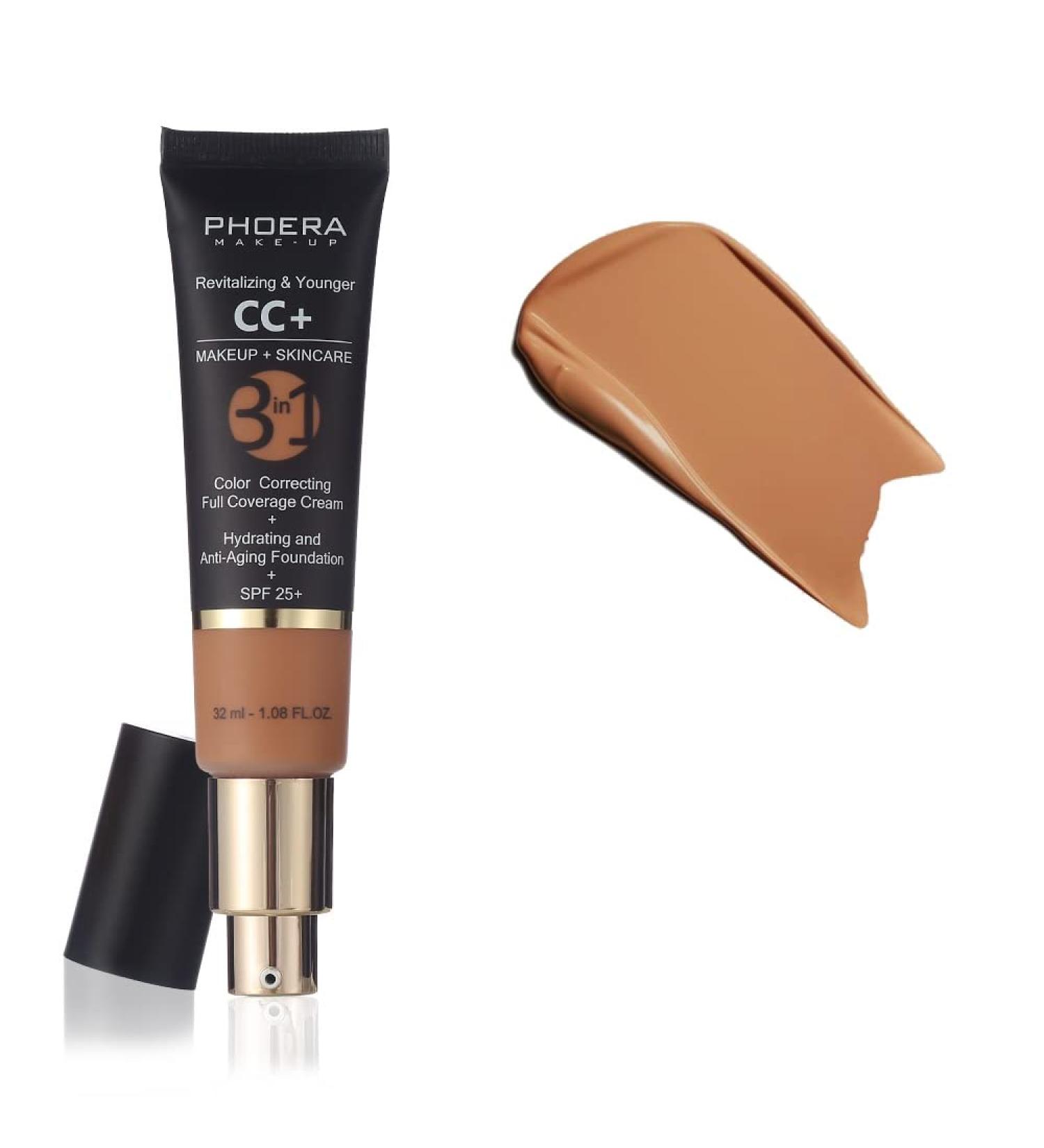 PHOERA Anti-Aging Color Correcting Full Coverage Cream Foundation SPF 25+ Revitalizing & Younger infused Concealer with Vitamins For dark circles acne scars wrinkles & redness. (180 Tan) 32 ml (Pack of 1) 180 Tan