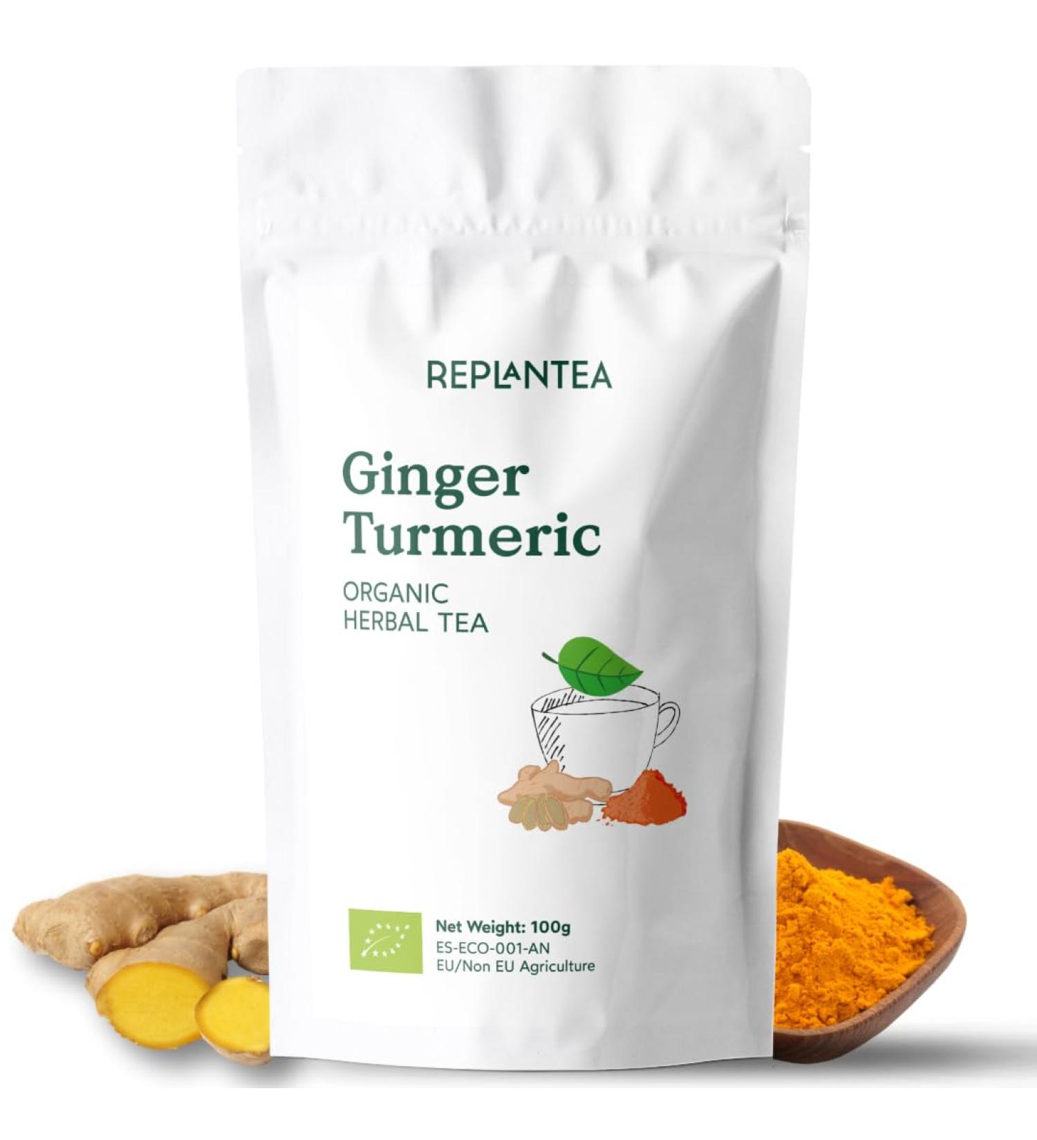 Ginger Turmeric Tea Organic 100g (50 Cups) | Intense Flavour 98% Ginger 1% Turmeric and Cardamom REPLANTEA - Buy Online on SooperMarket.com