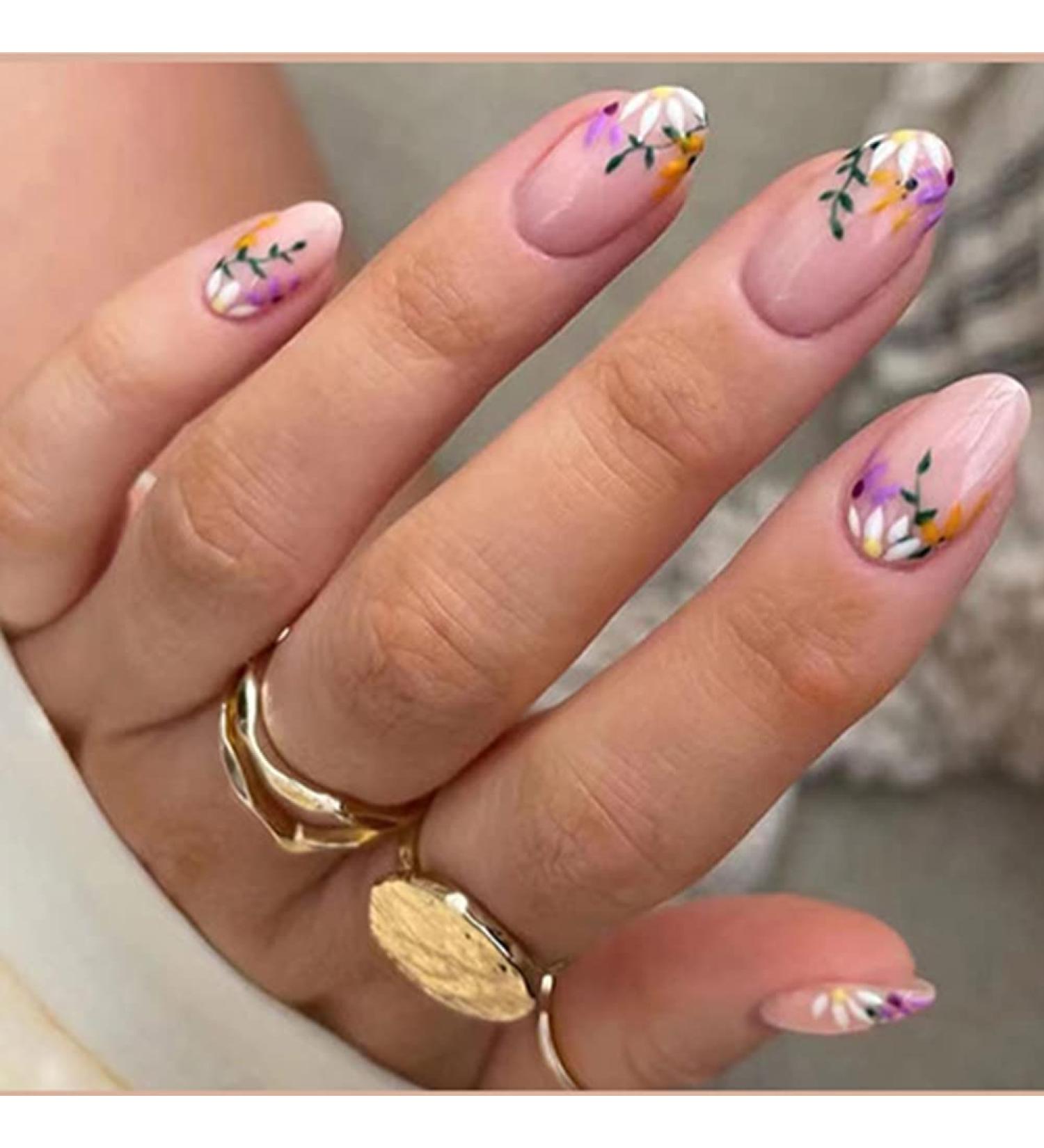 24Pcs Short Press on Almond Round Fake Nails with Little Flowers Design - Glossy Acrylic False Nails for Women and Girls | Spring Styles-4 - Buy Online on SooperMarket.com
