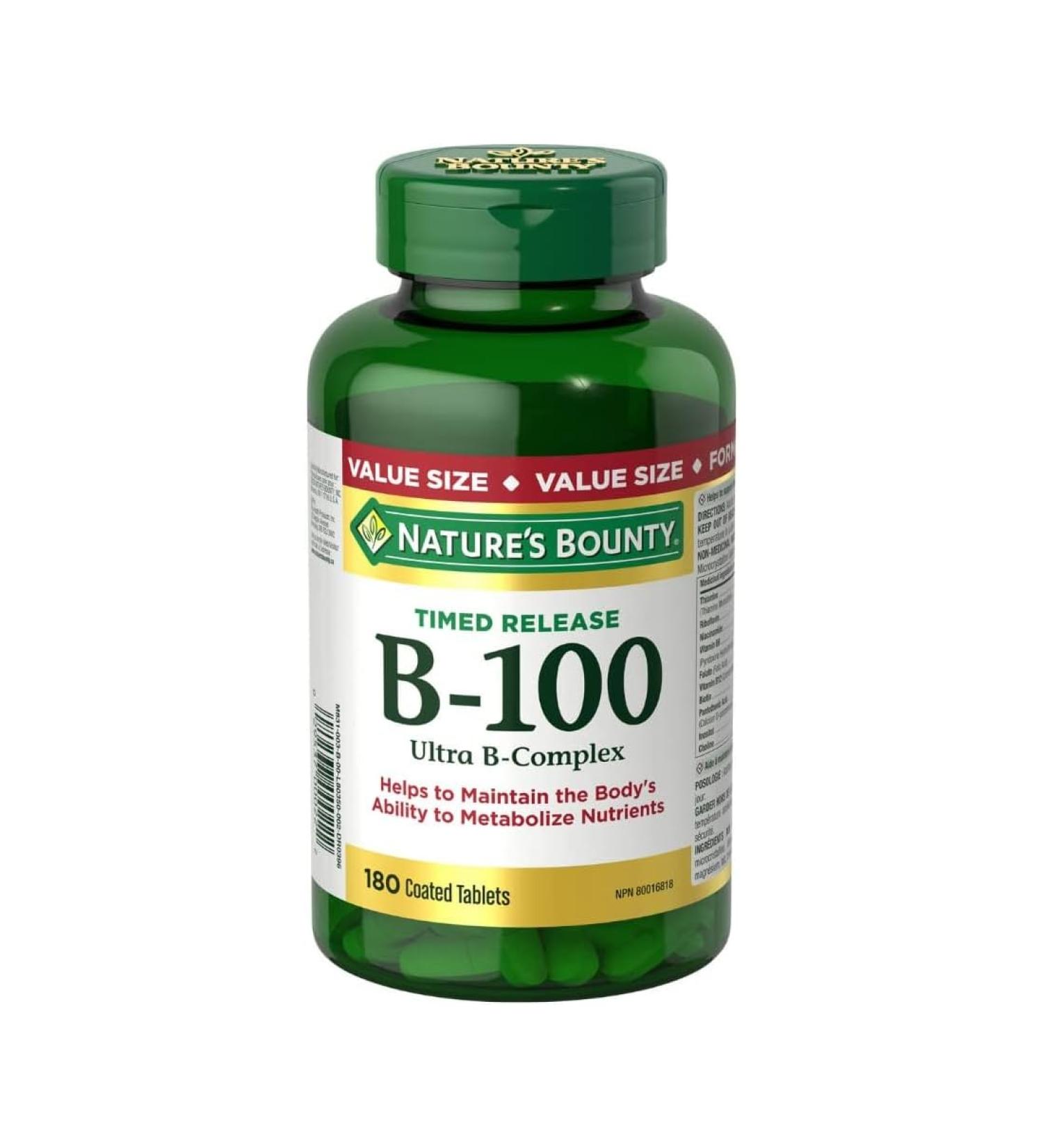 Nature's Bounty Vitamin B-100 Ultra B-Complex Supplement Helps the Body Metabolize Carbohydrates Fats and Proteins 180 coated Time Release tablets - Buy Online on SooperMarket.com