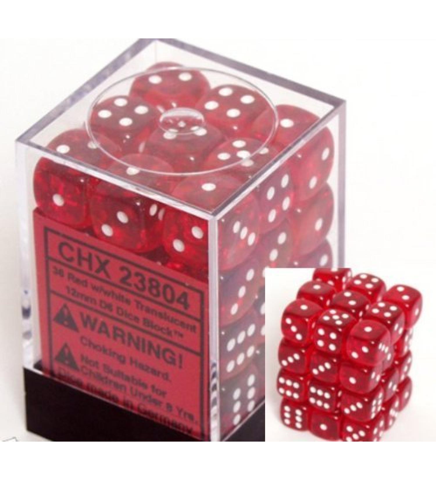 Chessex Dice d6 Sets: Red with White Translucent - 12mm Six Sided Die (36) Block of Dice