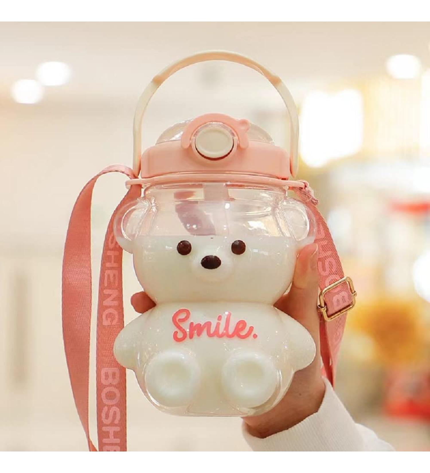 Xigugo Kawaii Bear Straw Bottle - Large 32oz Capacity, Cute Water Bottle with Adjustable Shoulder Strap for Outdoor & School Activities - Pink - Buy Online on SooperMarket.com
