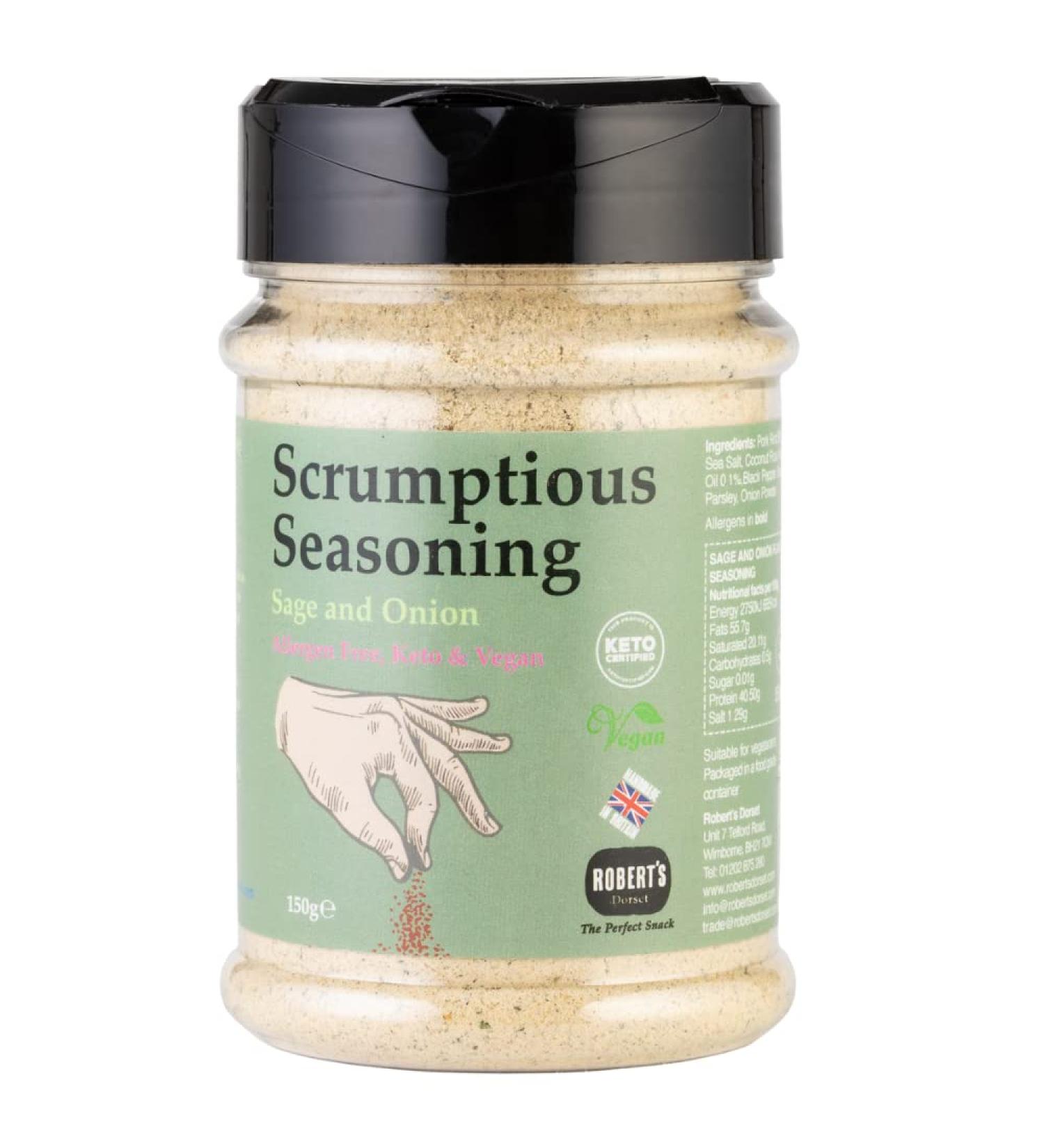 Scrumptious Seasoning 150g Pot - Available in Multiple Flavours - Allergen Free Keto & Vegan Sustainable and Handmade in Britain (Sage & Onion)