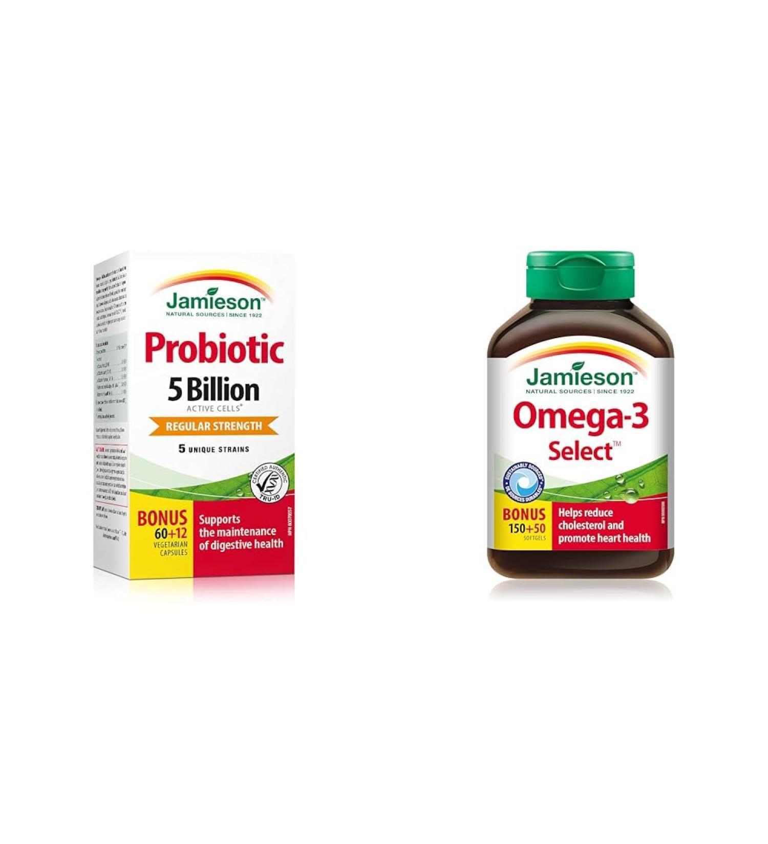 Jamieson Probiotics 5 Billion Active Cells - Regular Strength & Omega-3 Select 1 000 mg 5 Billion+ Omega-3 200 Count (Pack of 1) - Buy Online on SooperMarket.com