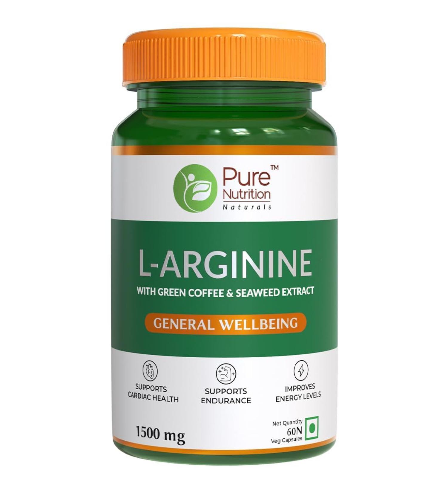 L-Arginine 1500mg Supplement with Green Coffee Seaweed & Extract for Men & Women | Supports Muscle Growth Stamina Heart Health & Blood Flow - 60 Veg Capsules(Pack Of 1) - Buy Online on SooperMarket.com