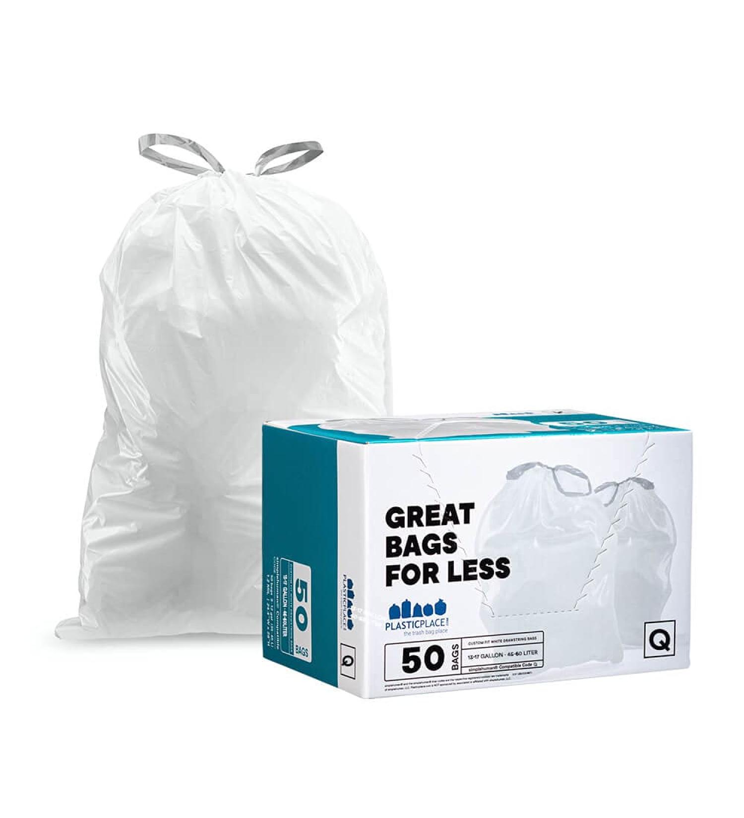 Plasticplace Custom Fit Trash Bags for simplehuman Code Q Bins - 50 Count, White Drawstring Garbage Liners - 13-17 Gallon - 25.25 x 32.75 - Buy Online on SooperMarket.com